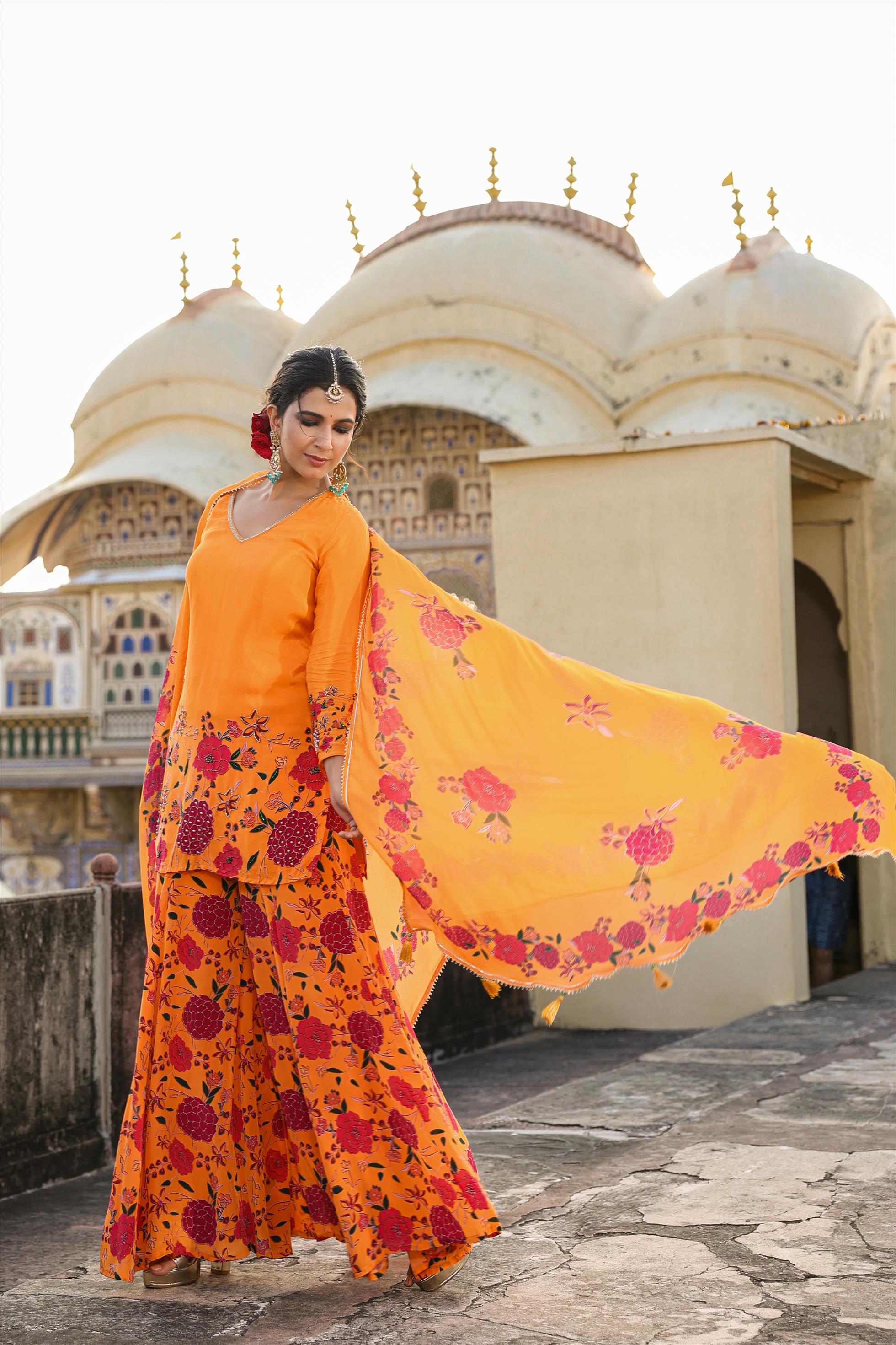 Buy Orange Viscose Shantoon Kurta Dhoti Salwar Suit Set (Kurta, Salwar,  Dupatta) for INR5500.00 | Biba India