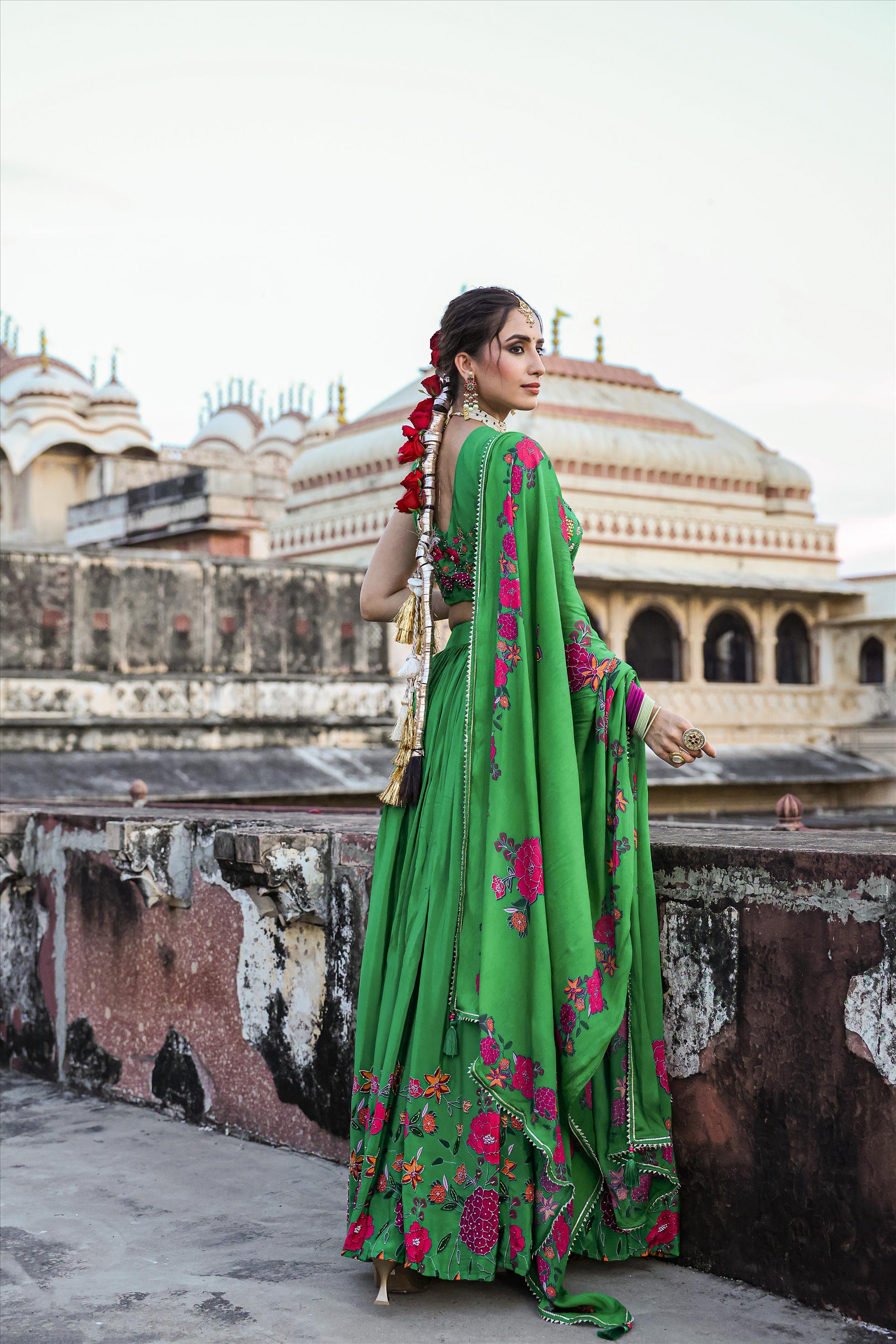 Green Crepe Silk Floral Print & Embellished Lehenga Choli Dupatta Set