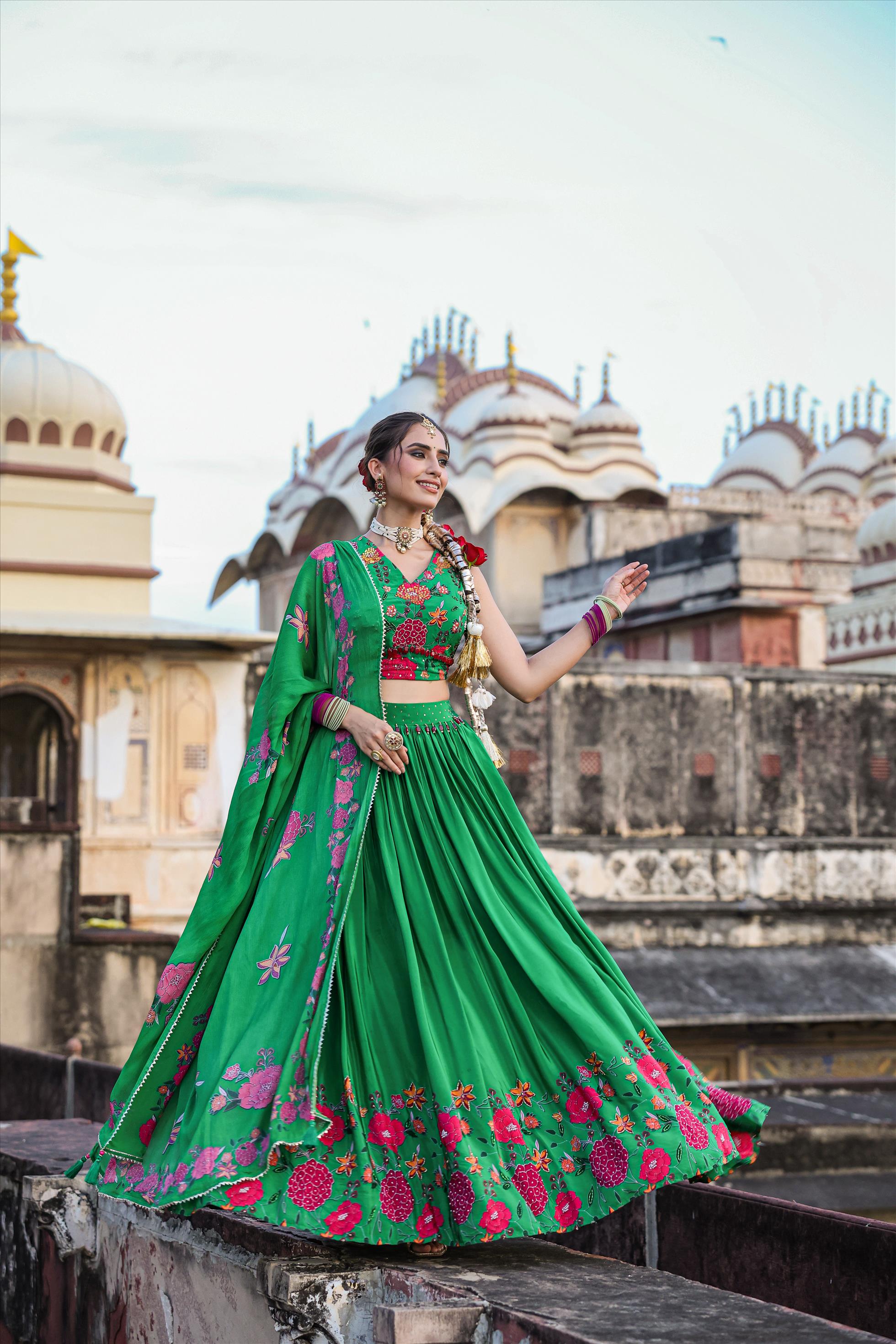 Green Crepe Silk Floral Print & Embellished Lehenga Choli Dupatta Set
