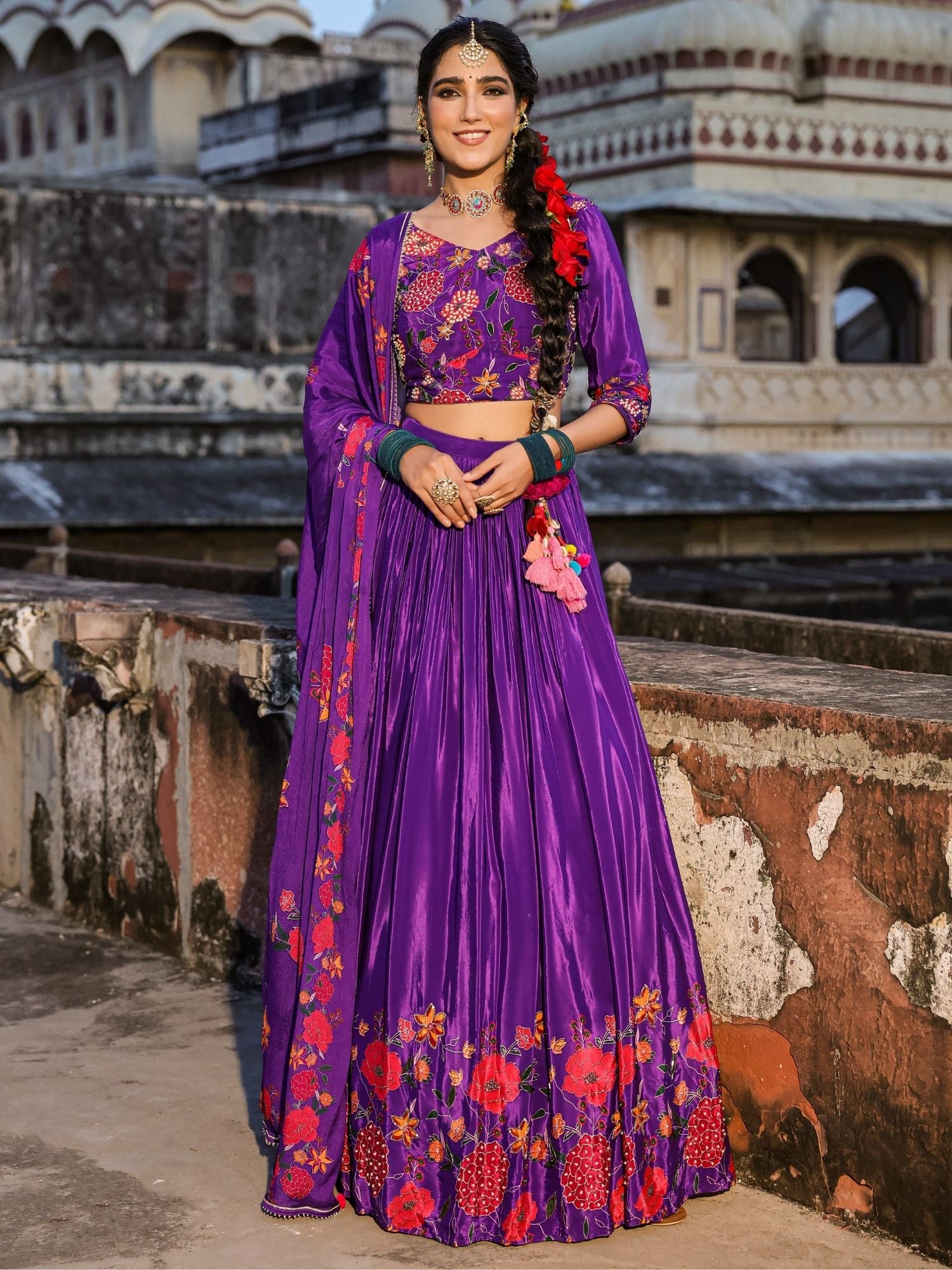 Plum Crepe Silk Floral Print & Embellished Lehenga Choli Dupatta Set