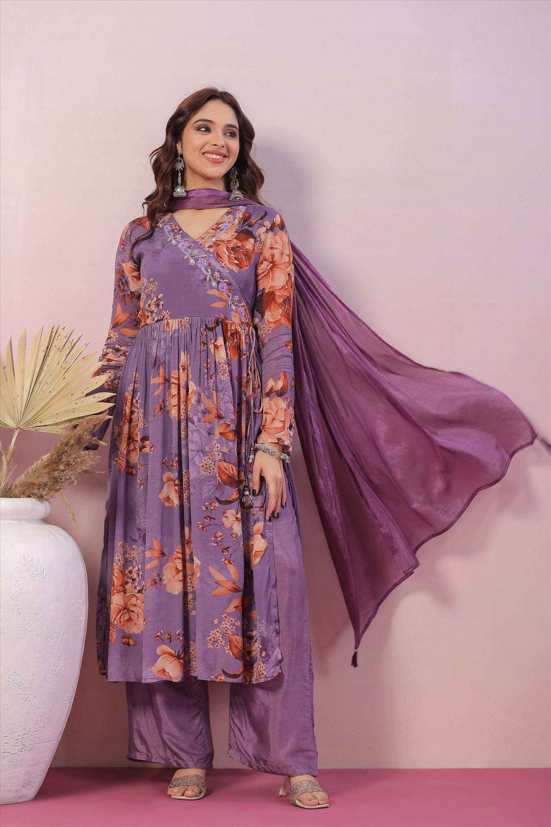 Lavender Chinon Silk Floral Print Embelished Suit Set