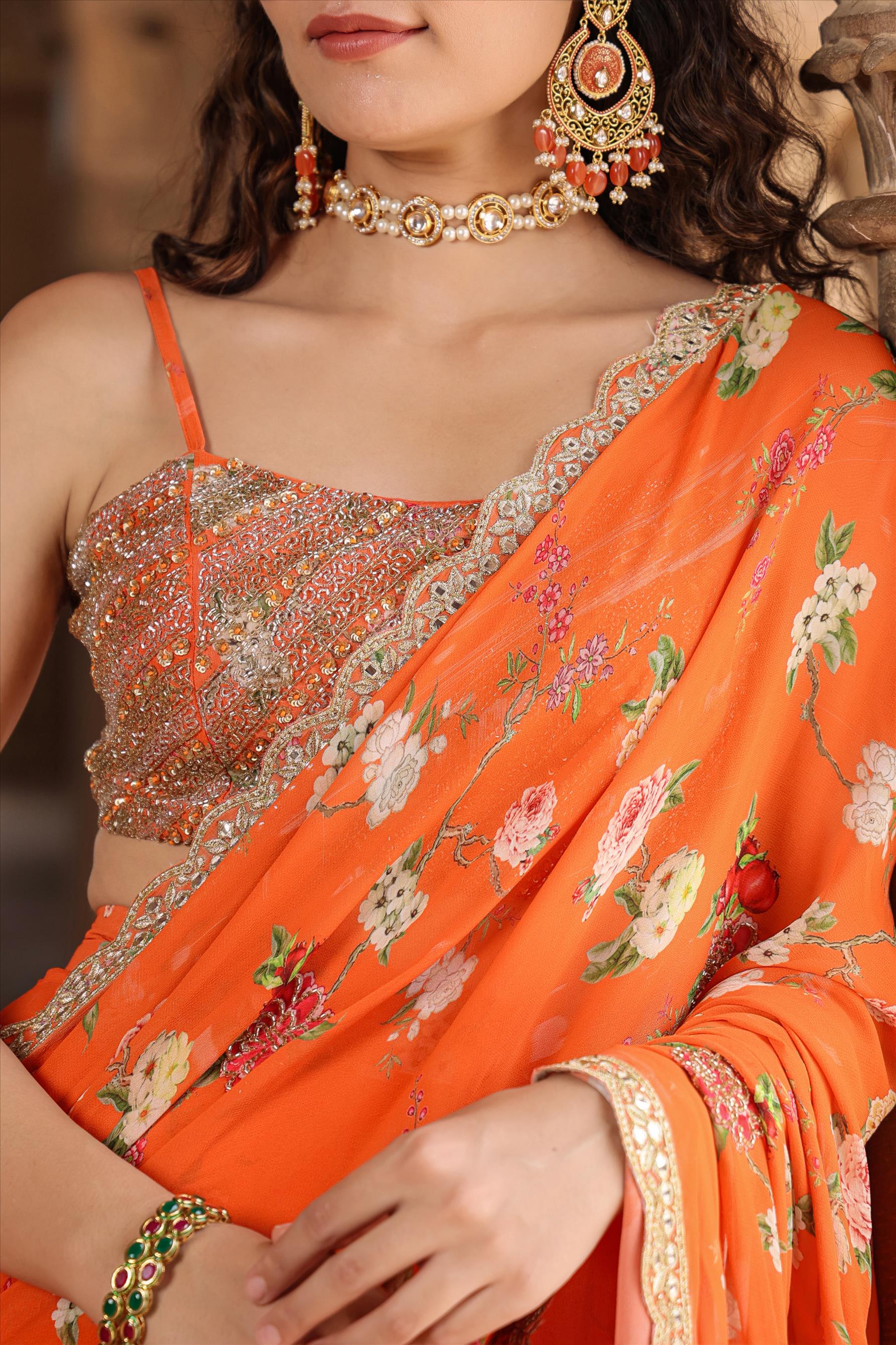 Orange Georgette Pre Draped Floral Print Sharara Saree