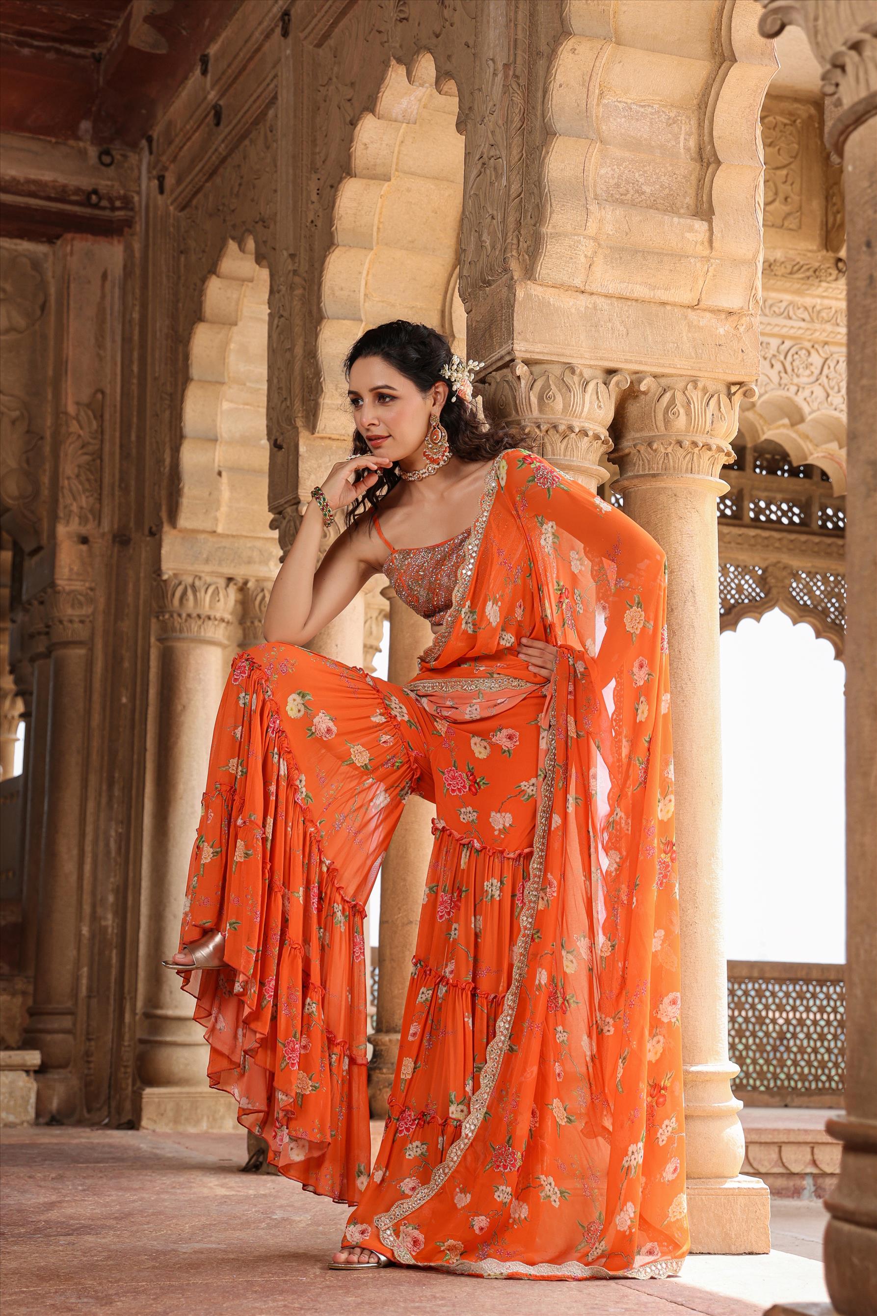 Orange Georgette Pre Draped Floral Print Sharara Saree