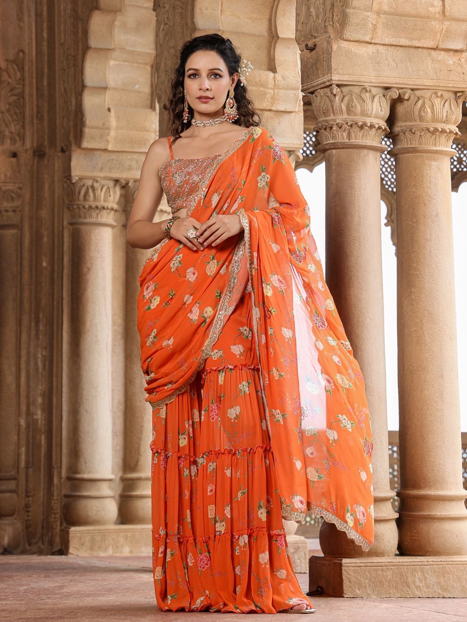 Orange Georgette Pre Draped Floral Print Sharara Saree