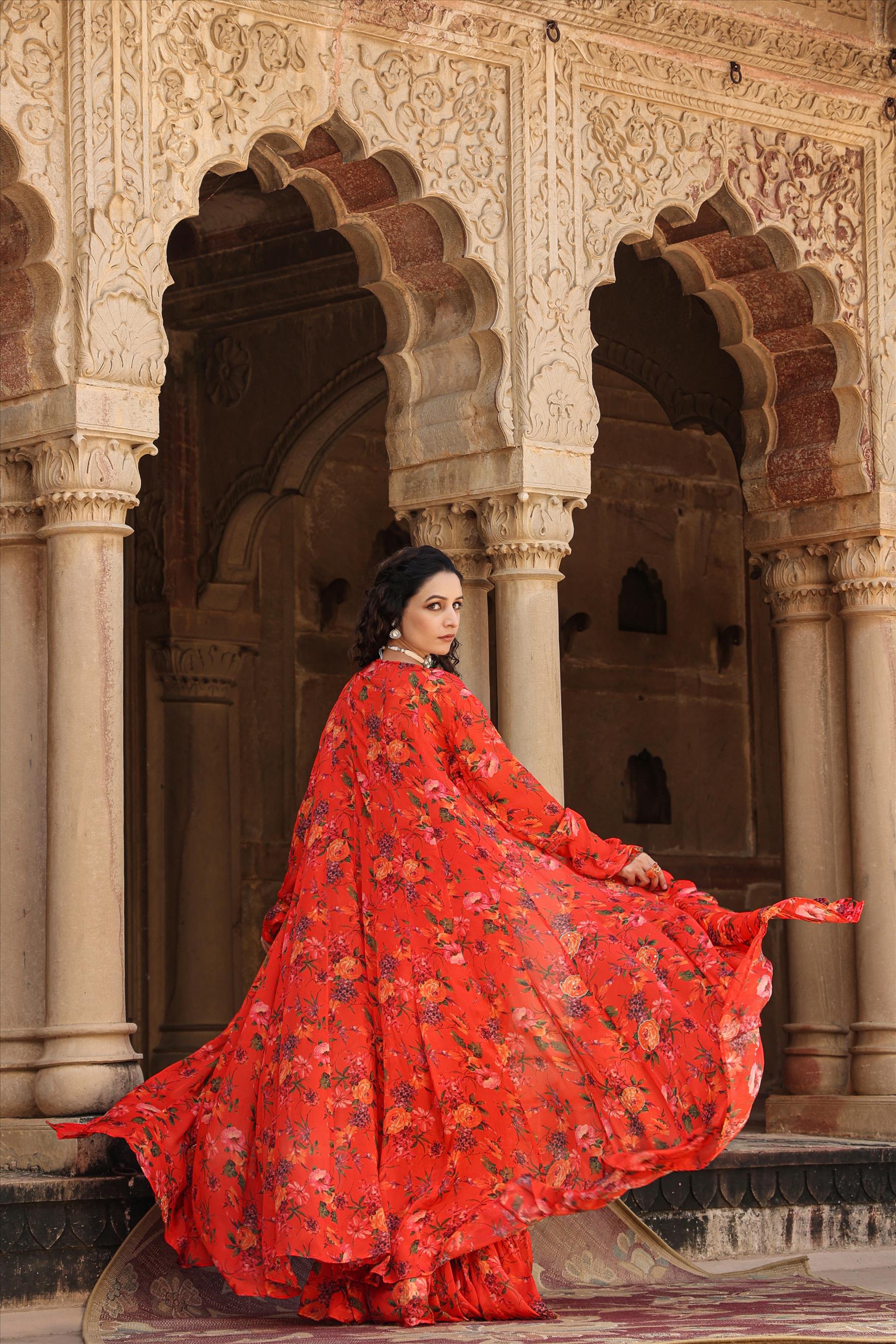 Red Chinon Silk Floral Print Choli Sharara Cape Set
