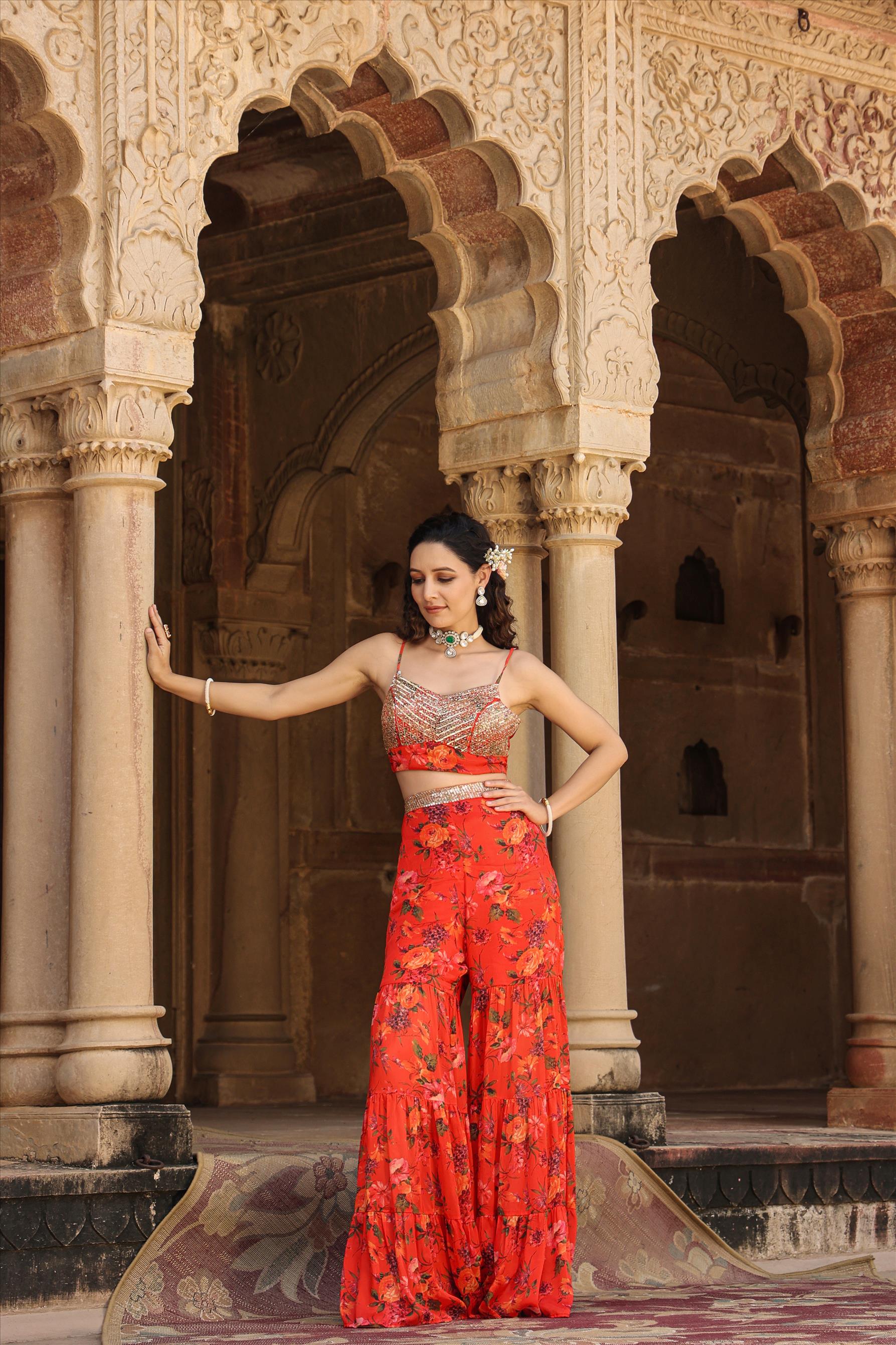 Red Chinon Silk Floral Sharara Set With Cape