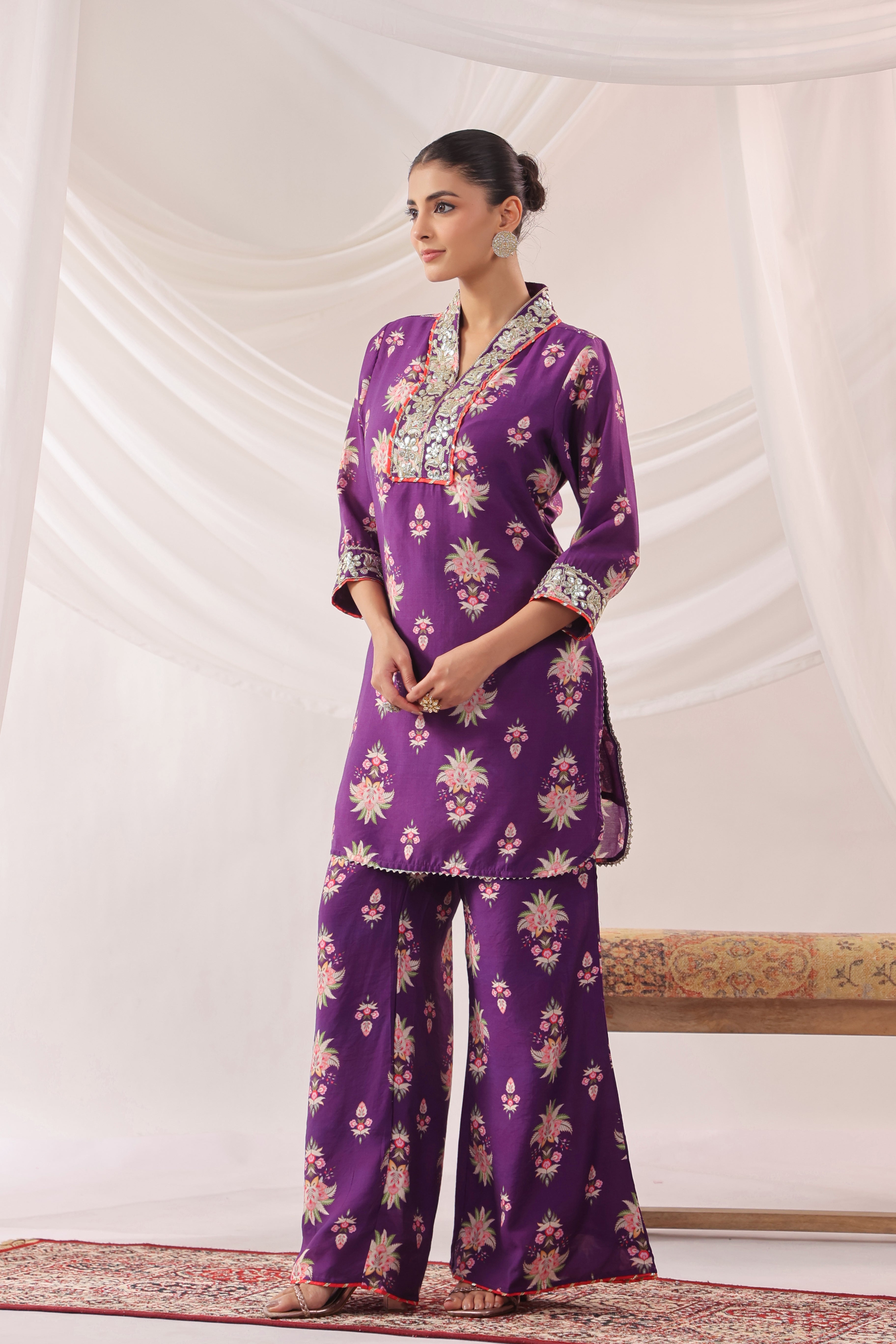 Purple Chanderi Silk Floral Printed Co-ord Set
