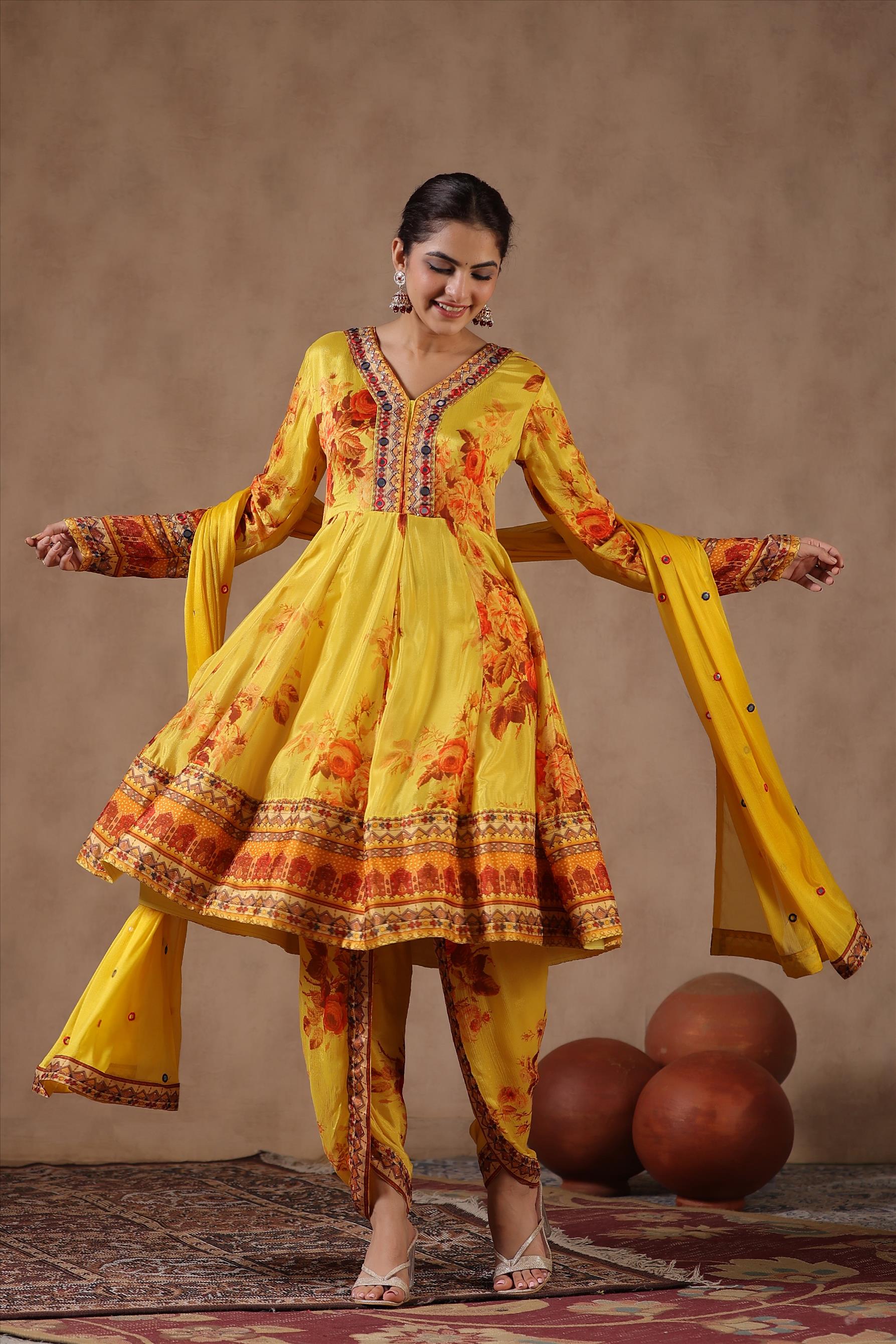 Yellow Chinon Silk Floral Print And Mirror Work Kurti With Dhoti Pants with Dupatta