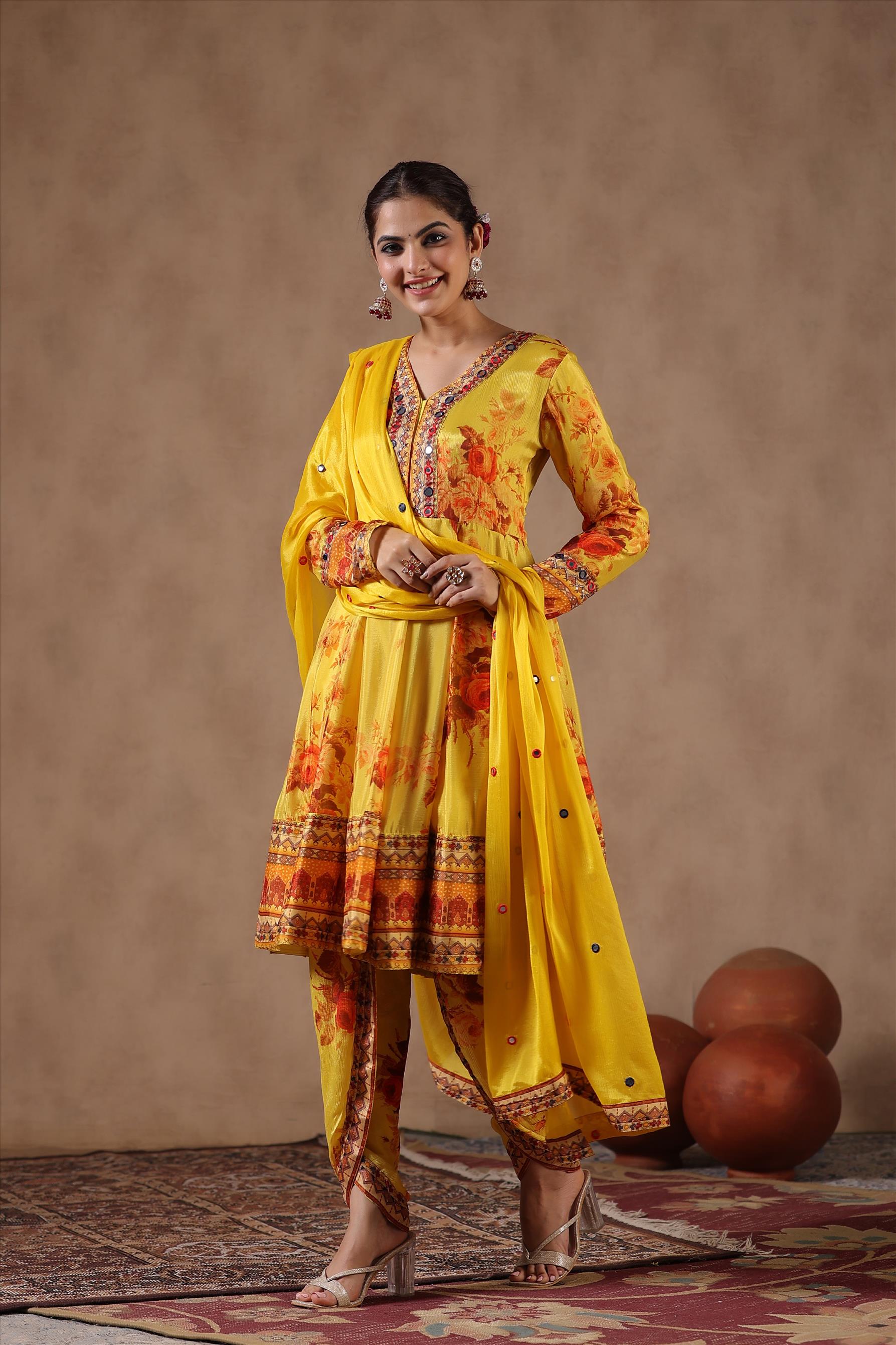 Yellow Chinon Silk Floral Print And Mirror Work Kurti With Dhoti Pants with Dupatta