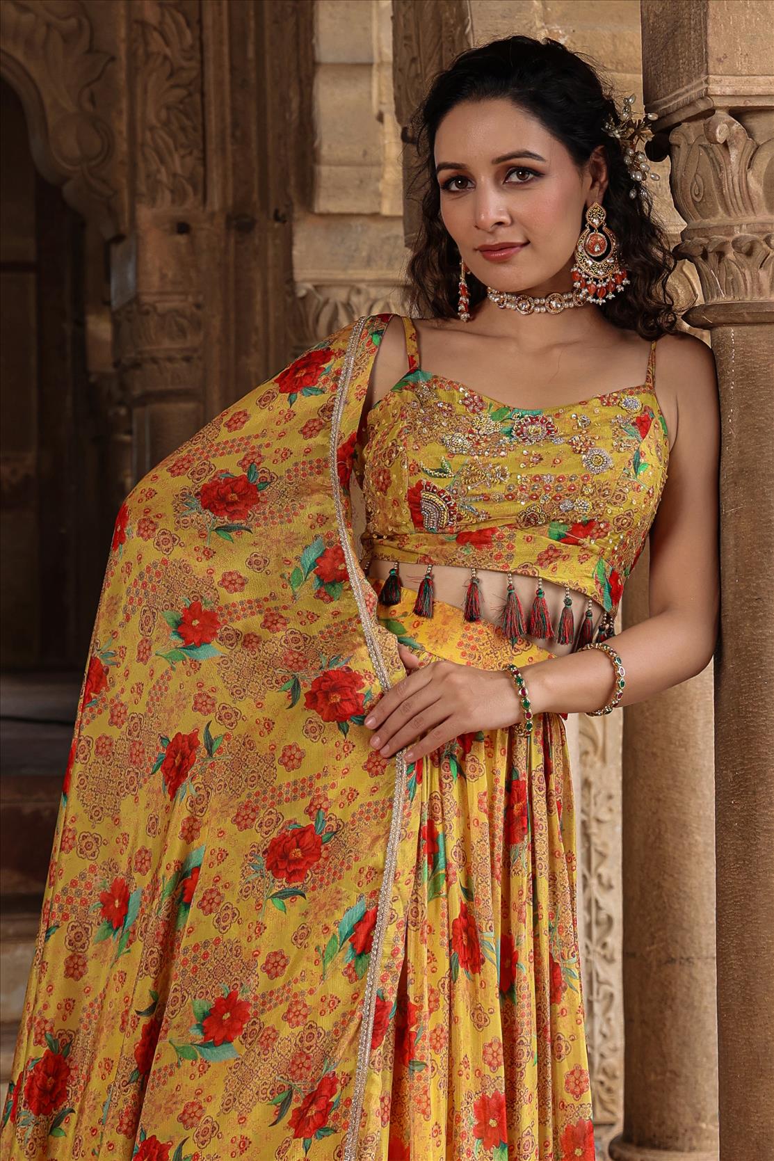 Mustard Chinon Silk Floral Print & Embellished Lehenga Choli Dupatta Set