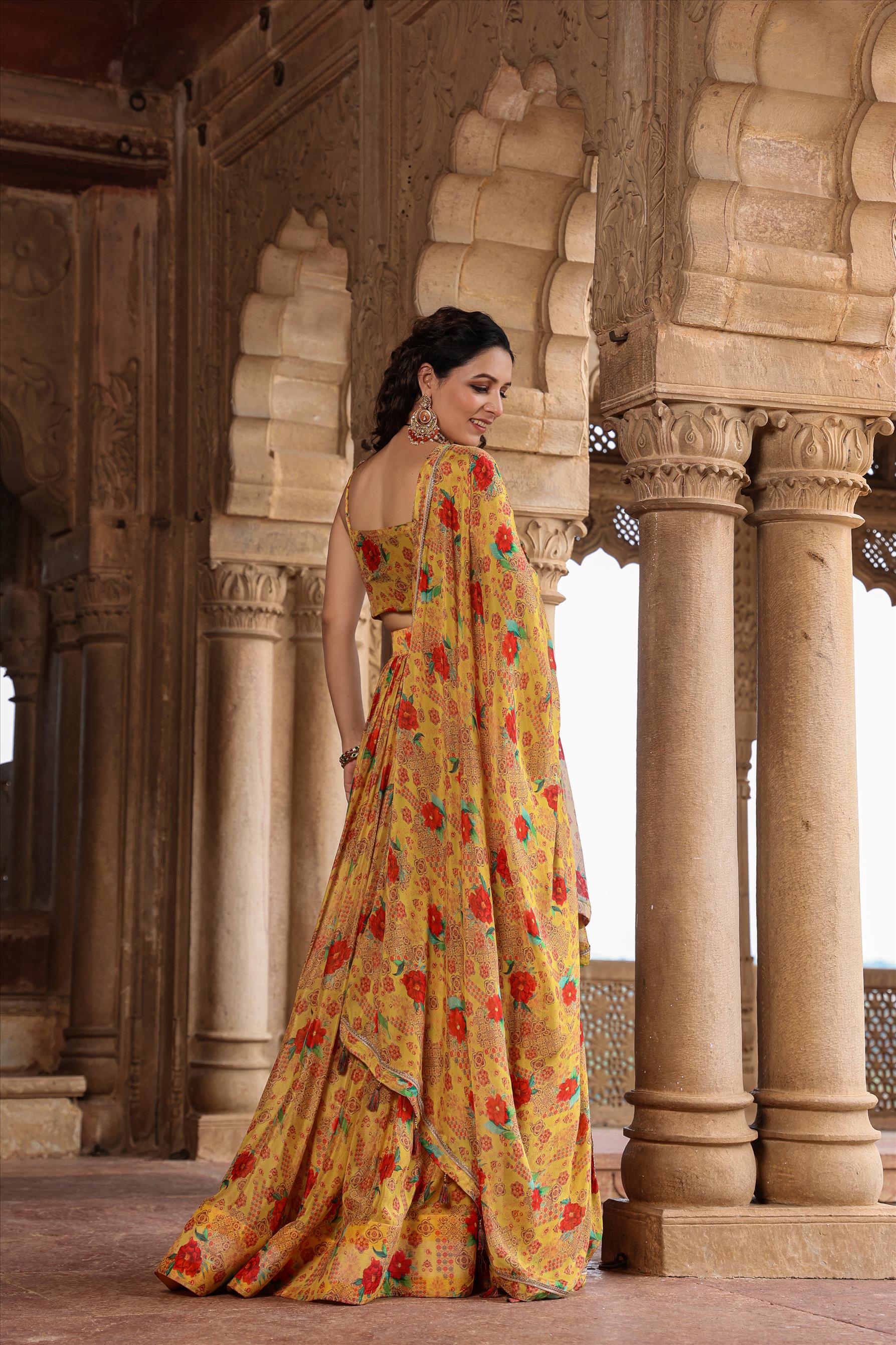 Mustard Chinon Silk Floral Print & Embellished Lehenga Choli Dupatta Set