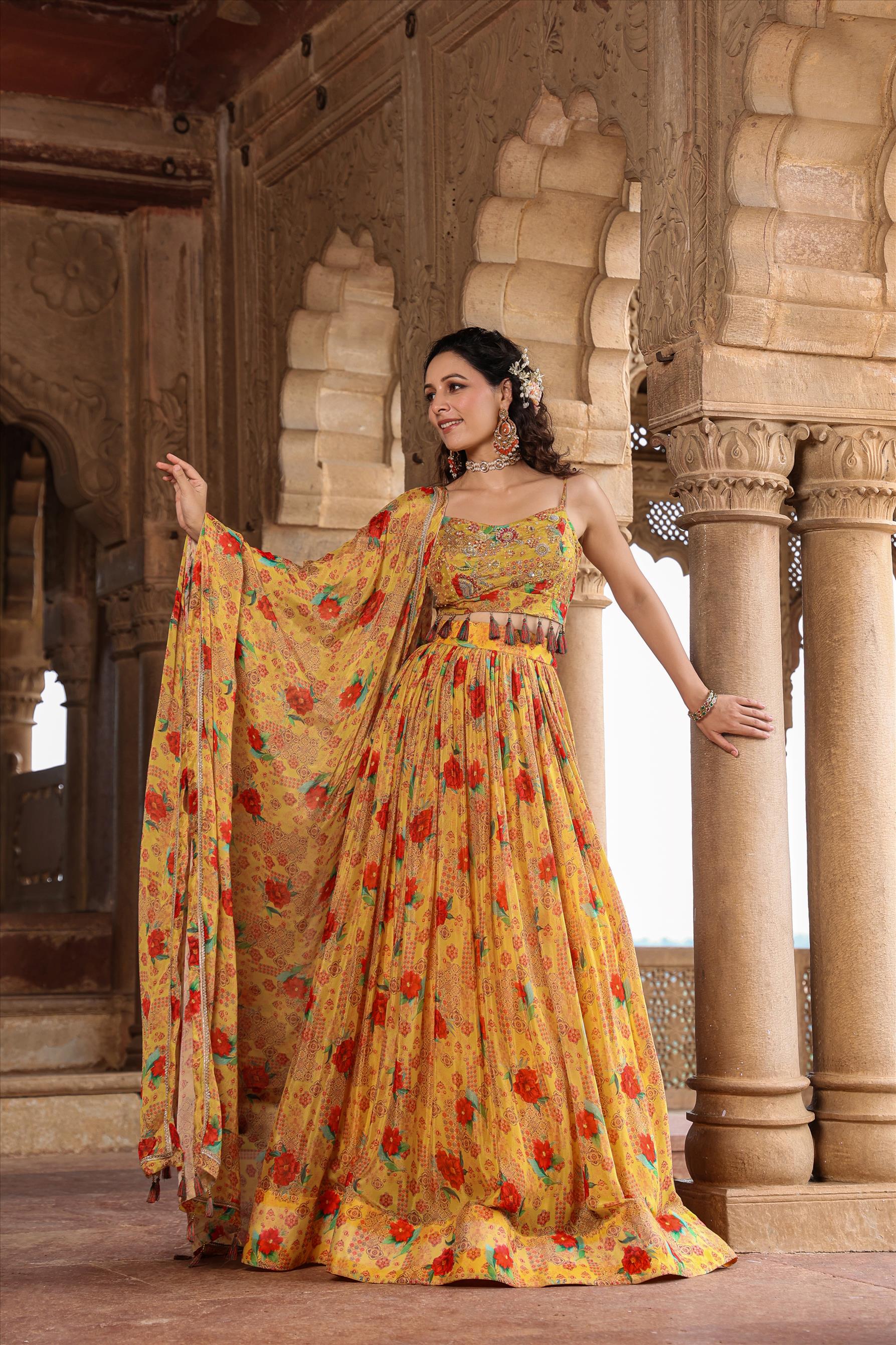 Mustard Chinon Silk Floral Print & Embellished Lehenga Choli Dupatta Set