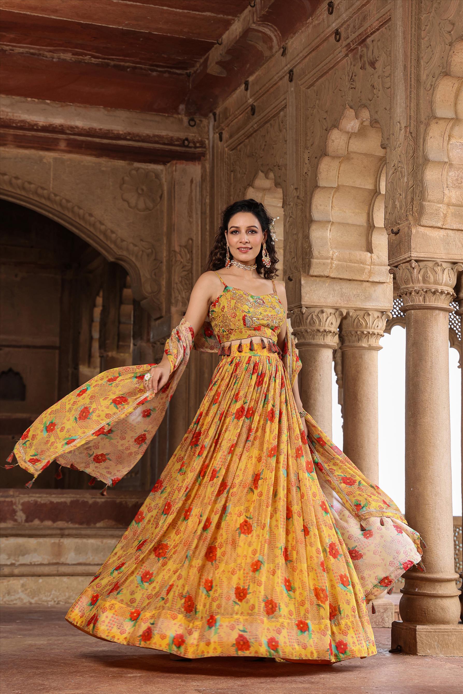 Mustard Chinon Silk Floral Print & Embellished Lehenga Choli Dupatta Set