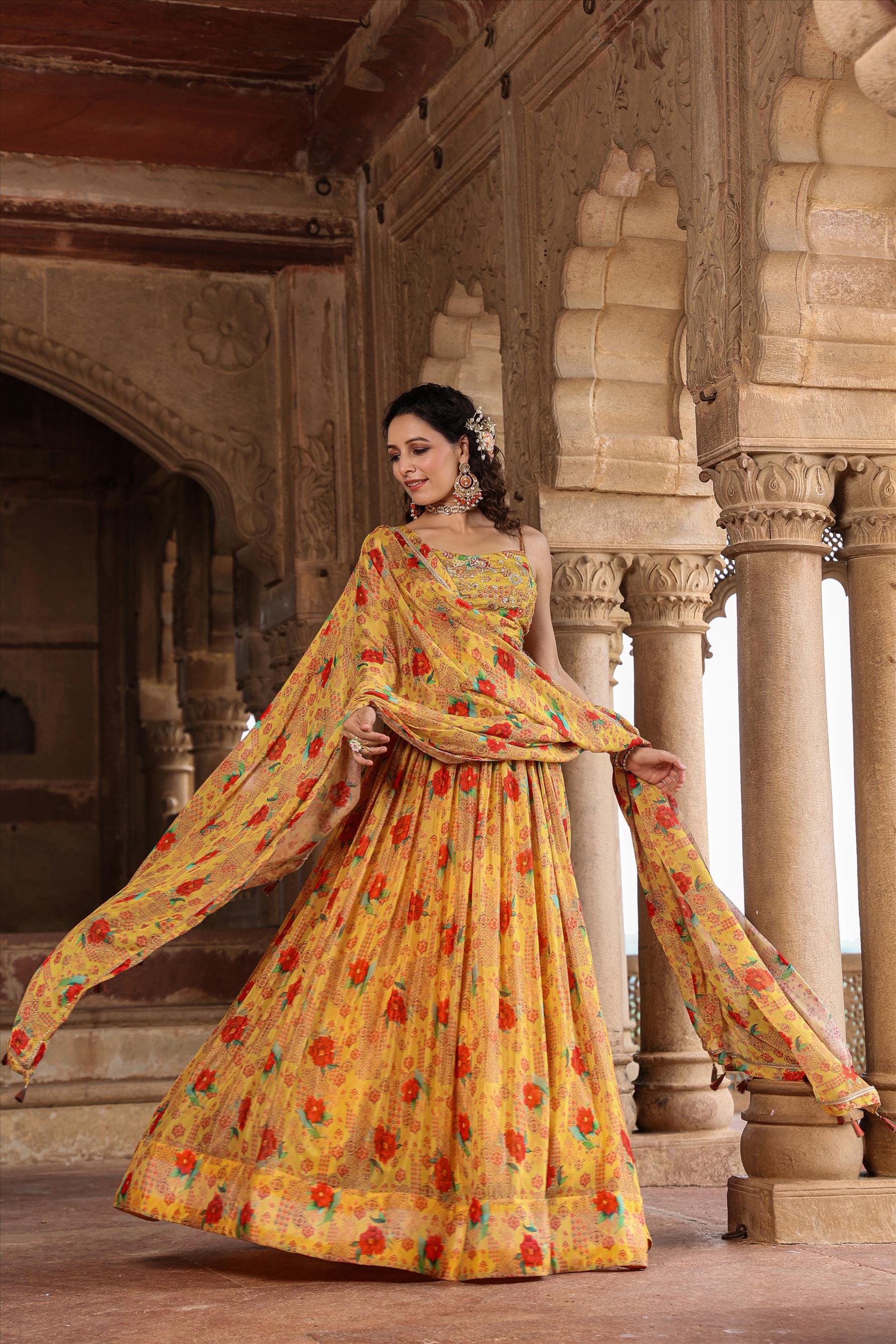 Mustard Chinon Silk Floral Print & Embellished Lehenga Choli Dupatta Set