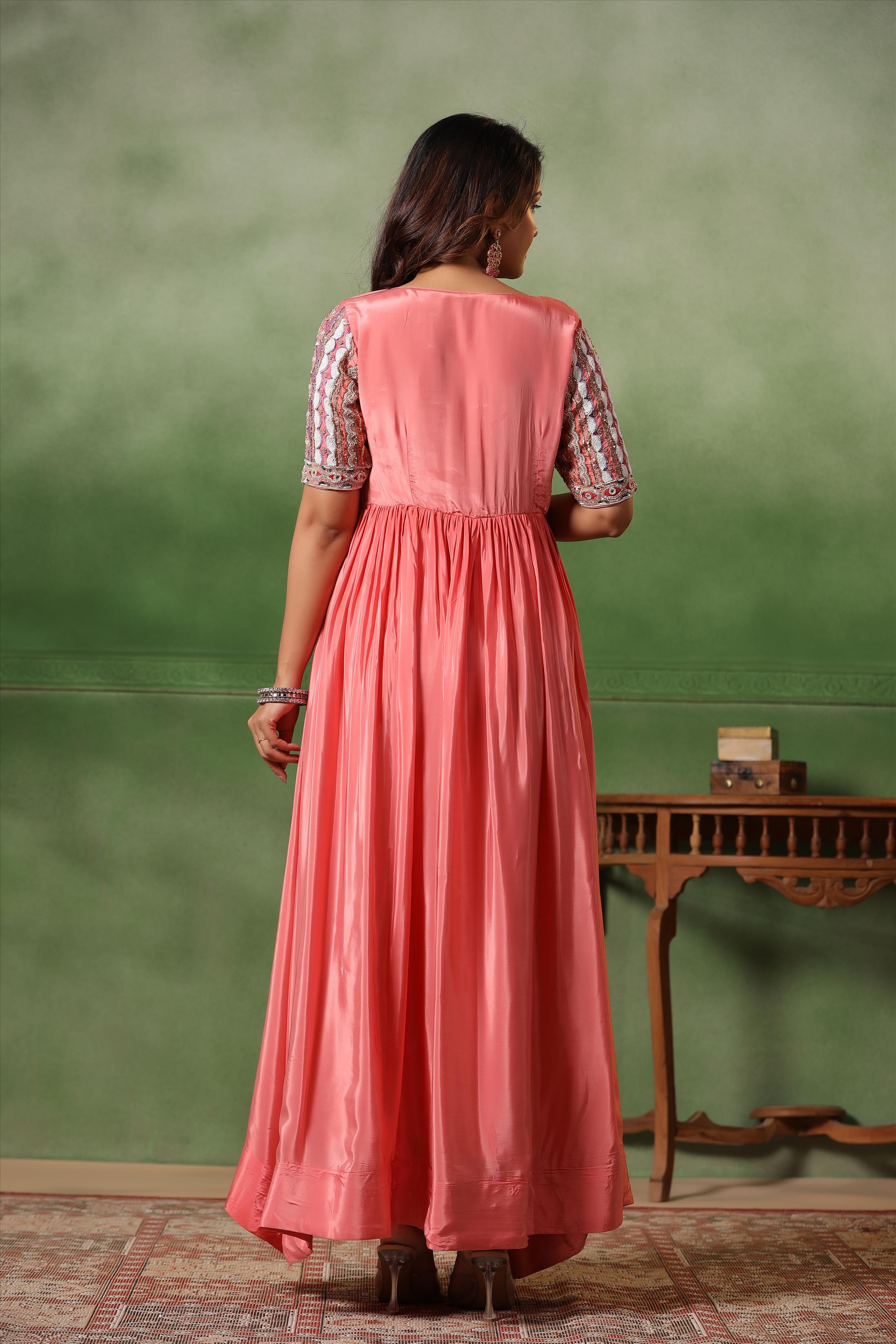 Pink Chinon Silk Solid Embellished Gathered Gown