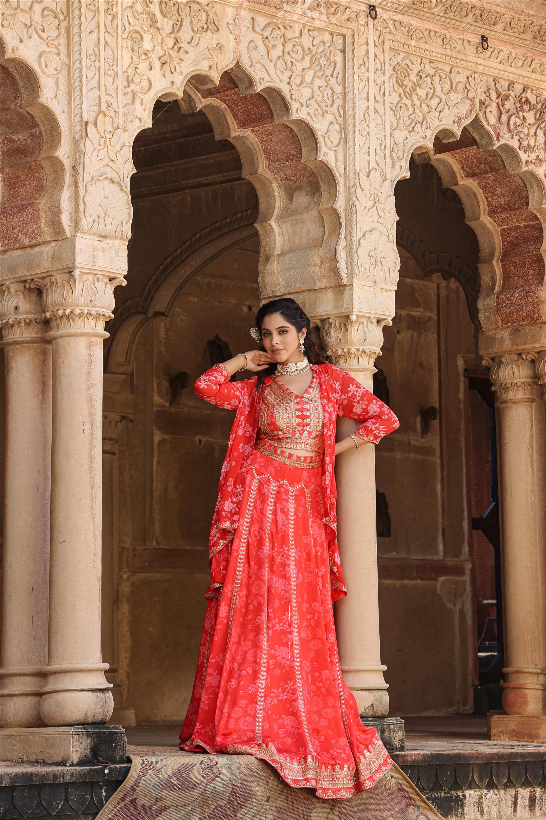 Red Satin Floral Print & Sequins Embellished Lehenga Choli Cape Set