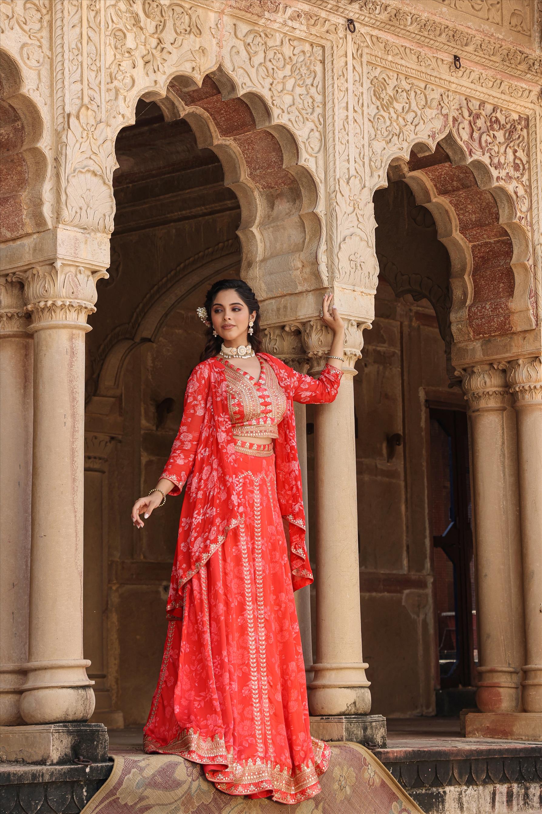 Red Satin Floral Print & Sequins Embellished Lehenga Choli Cape Set