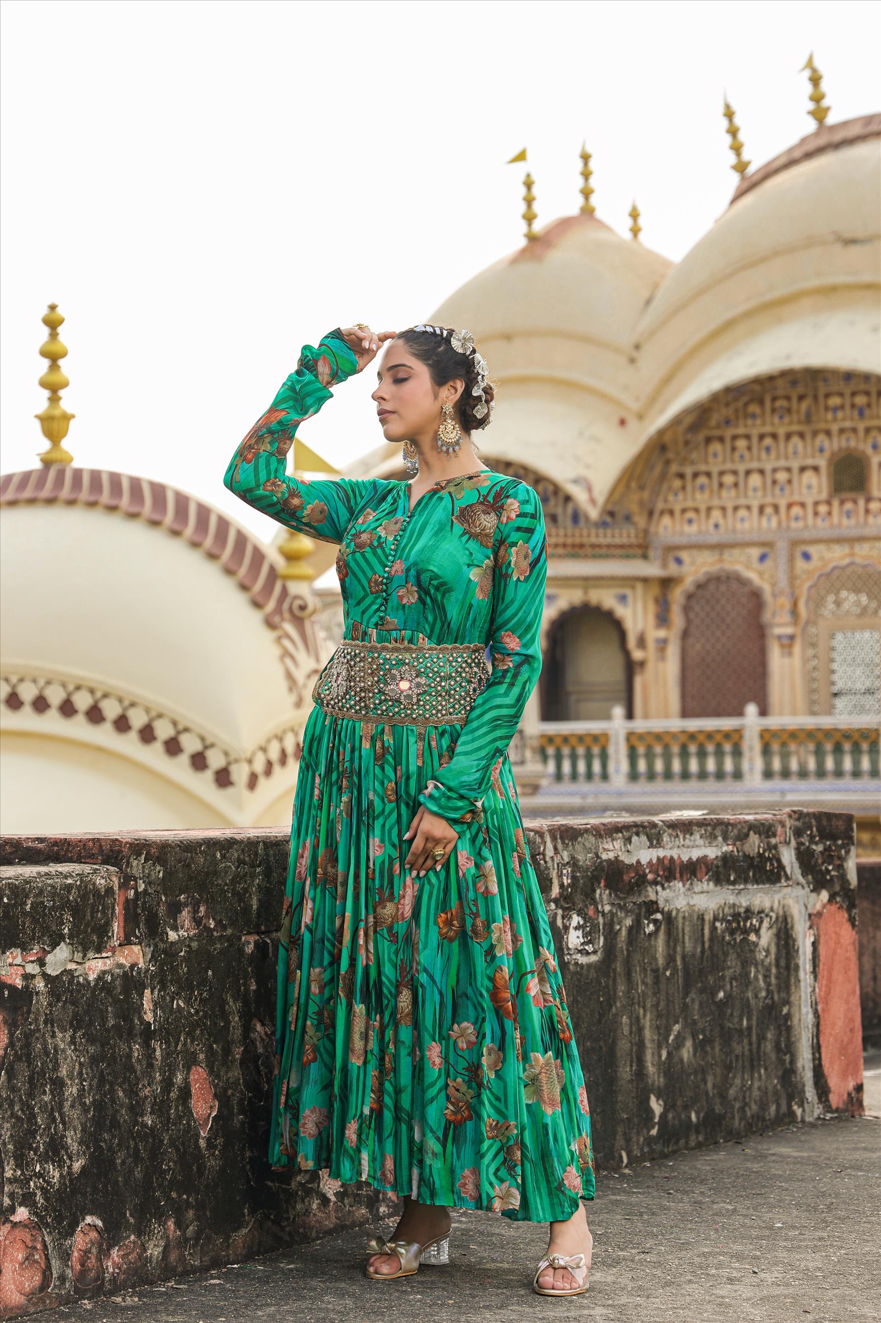 Green Chinon Silk Floral Gown With Embellished Belt