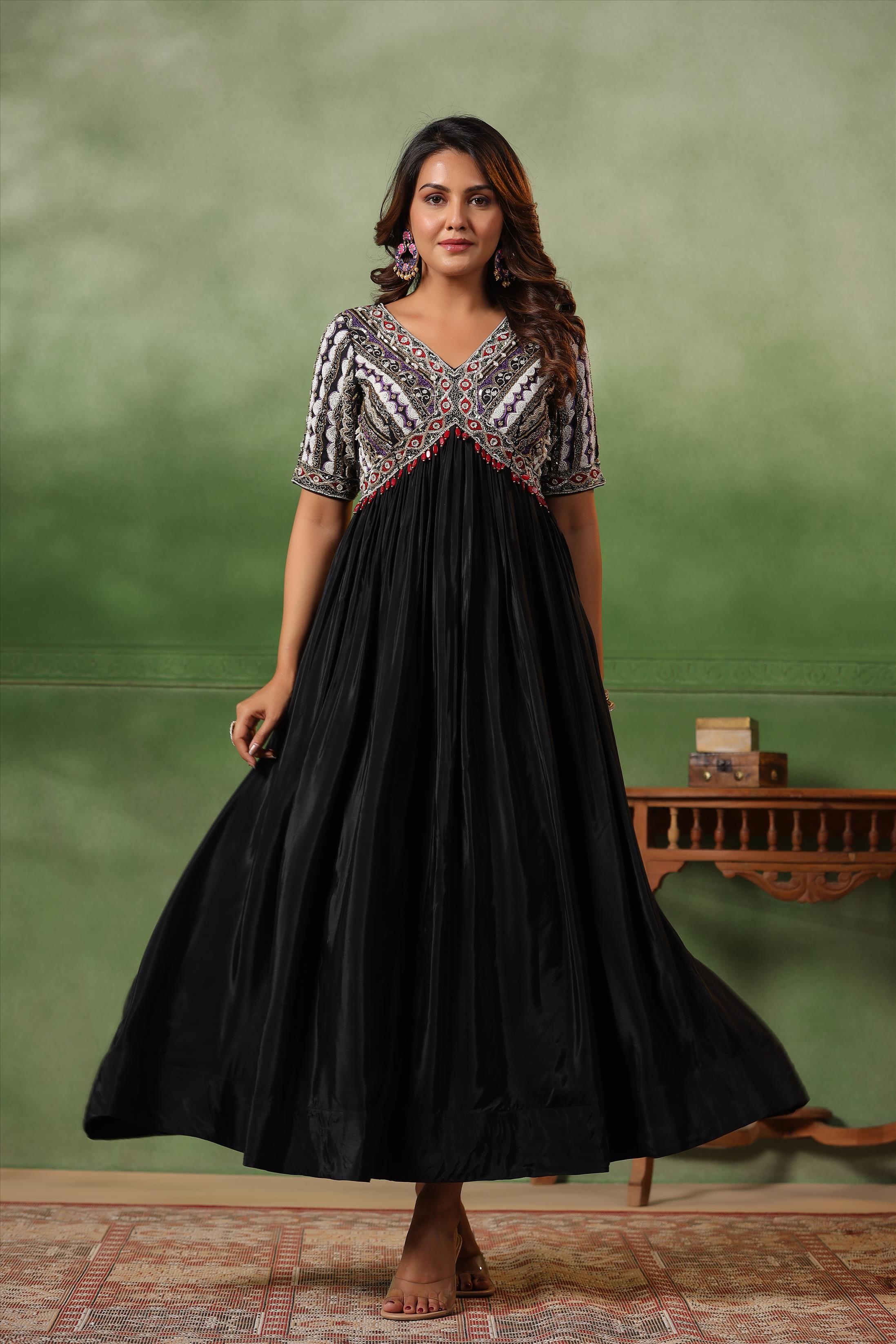 Black Chinon Silk Solid Embellished Gathered Gown