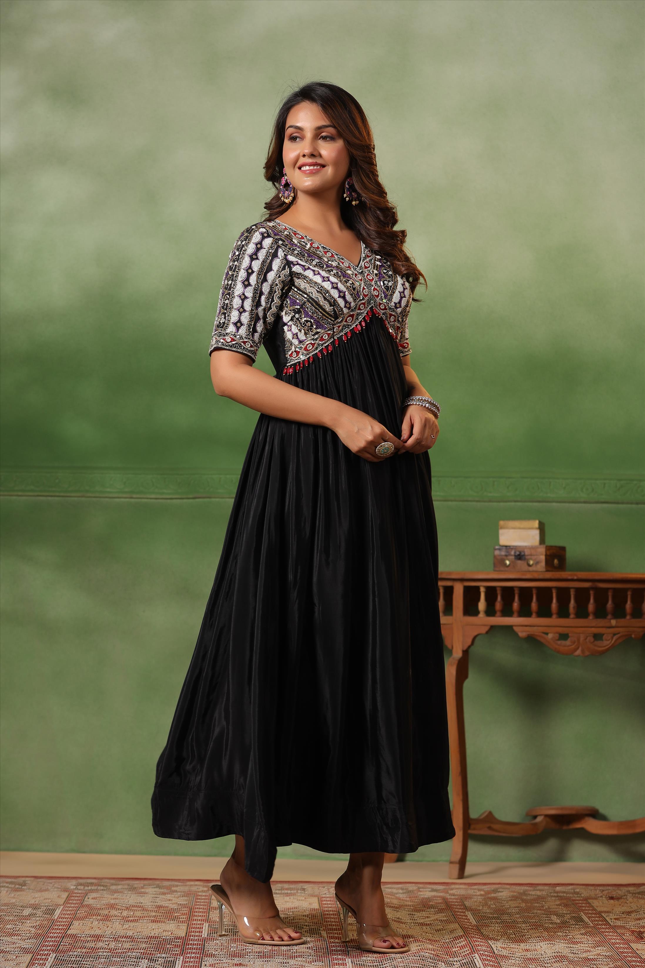 Black Chinon Silk Solid Embellished Gathered Gown