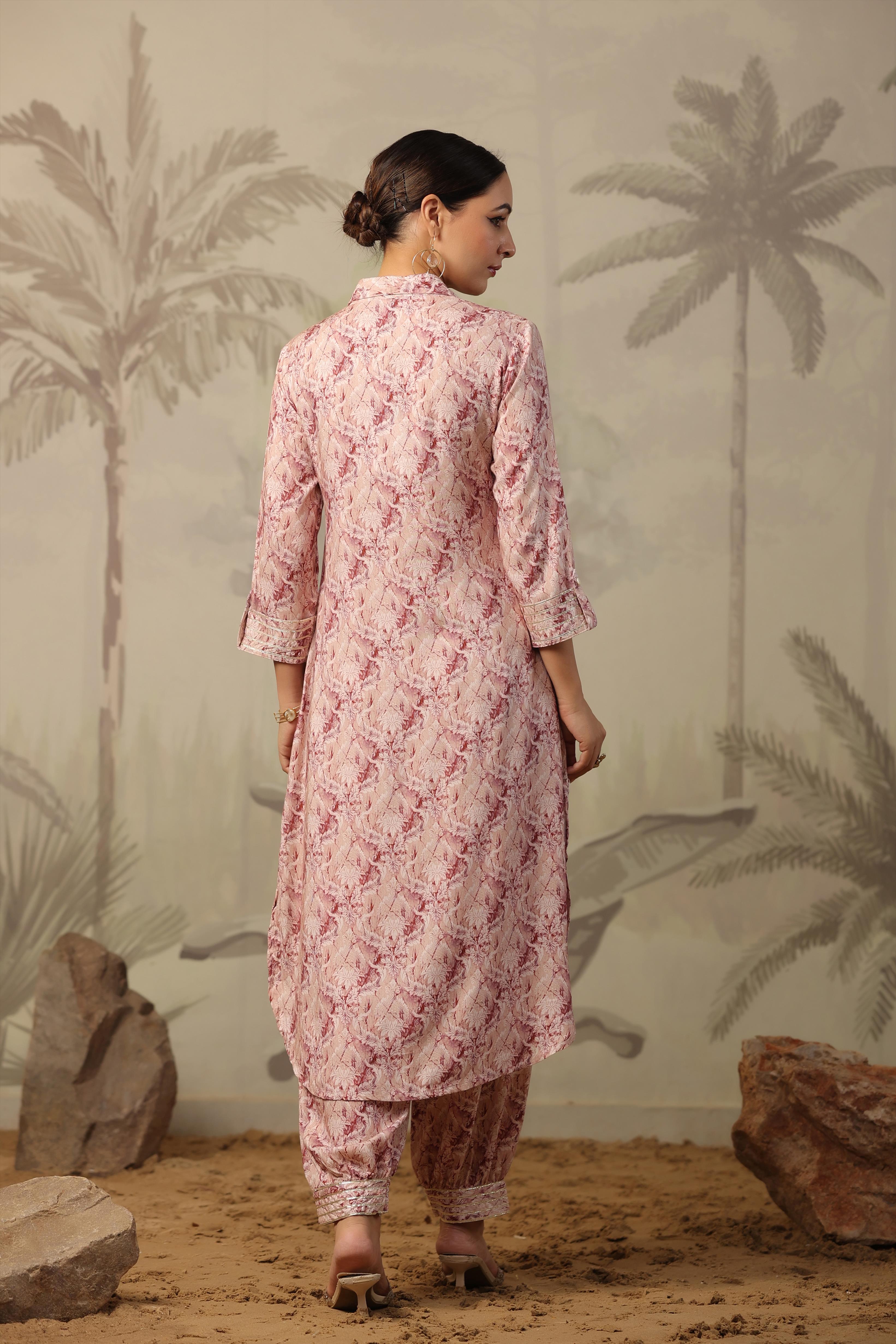 Mauve Rayon Printed Pathani Suit Set (2 Pc)
