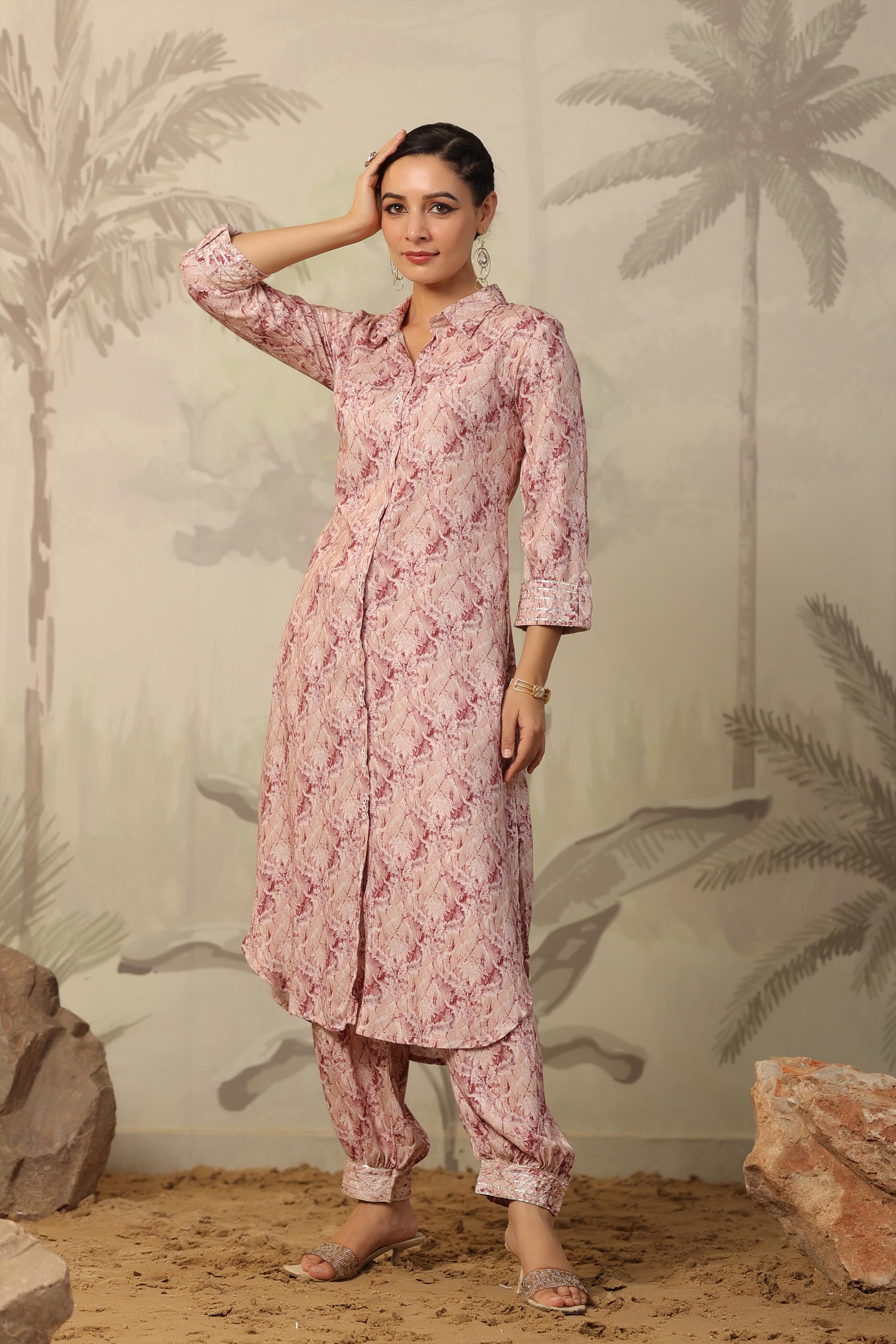 Mauve Rayon Printed Pathani Suit Set (2 Pc)