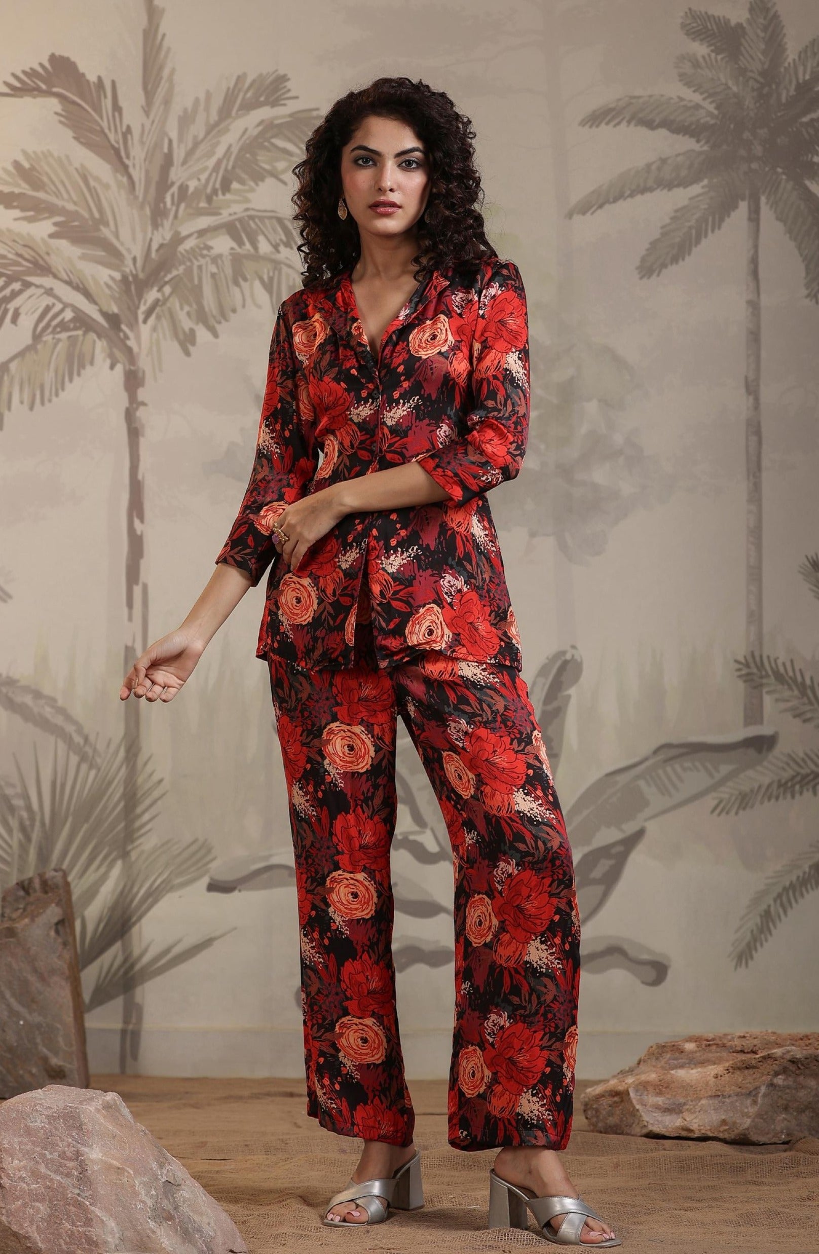 Red Satin Floral Print Co-Ord Set