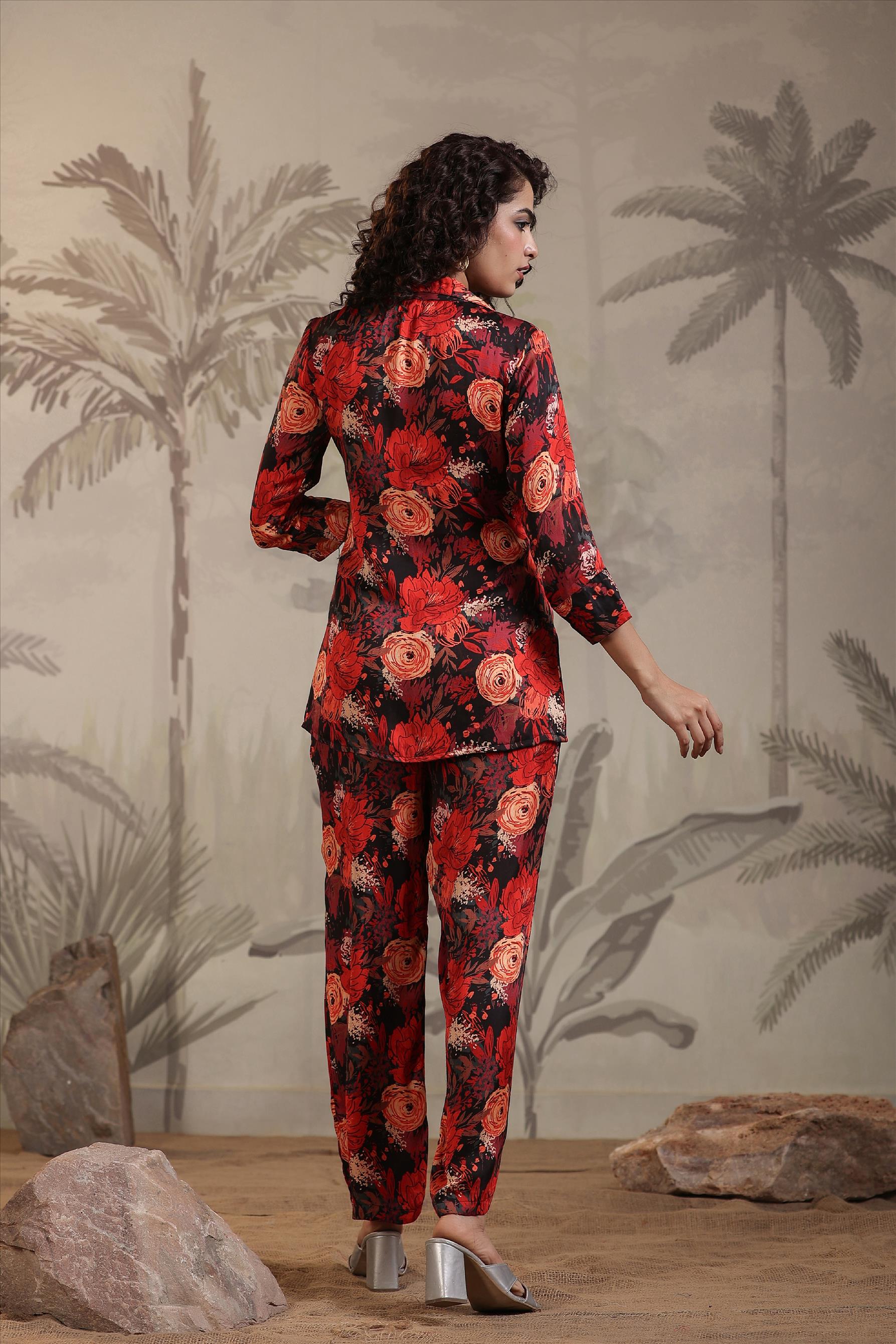 Red Satin Floral Print Co-Ord Set