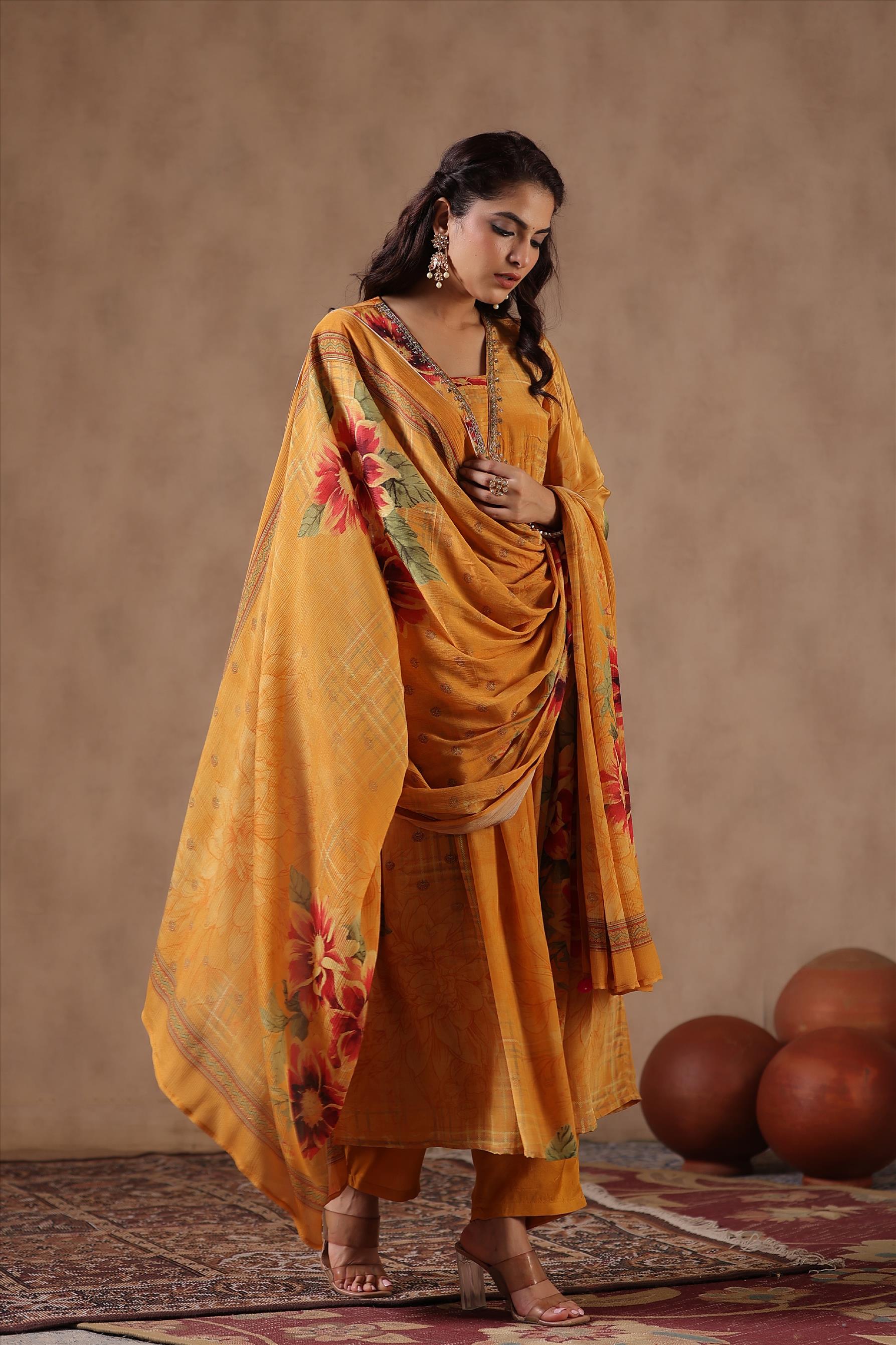 Yellow Crepe Silk Floral Print Embellished Suit Set