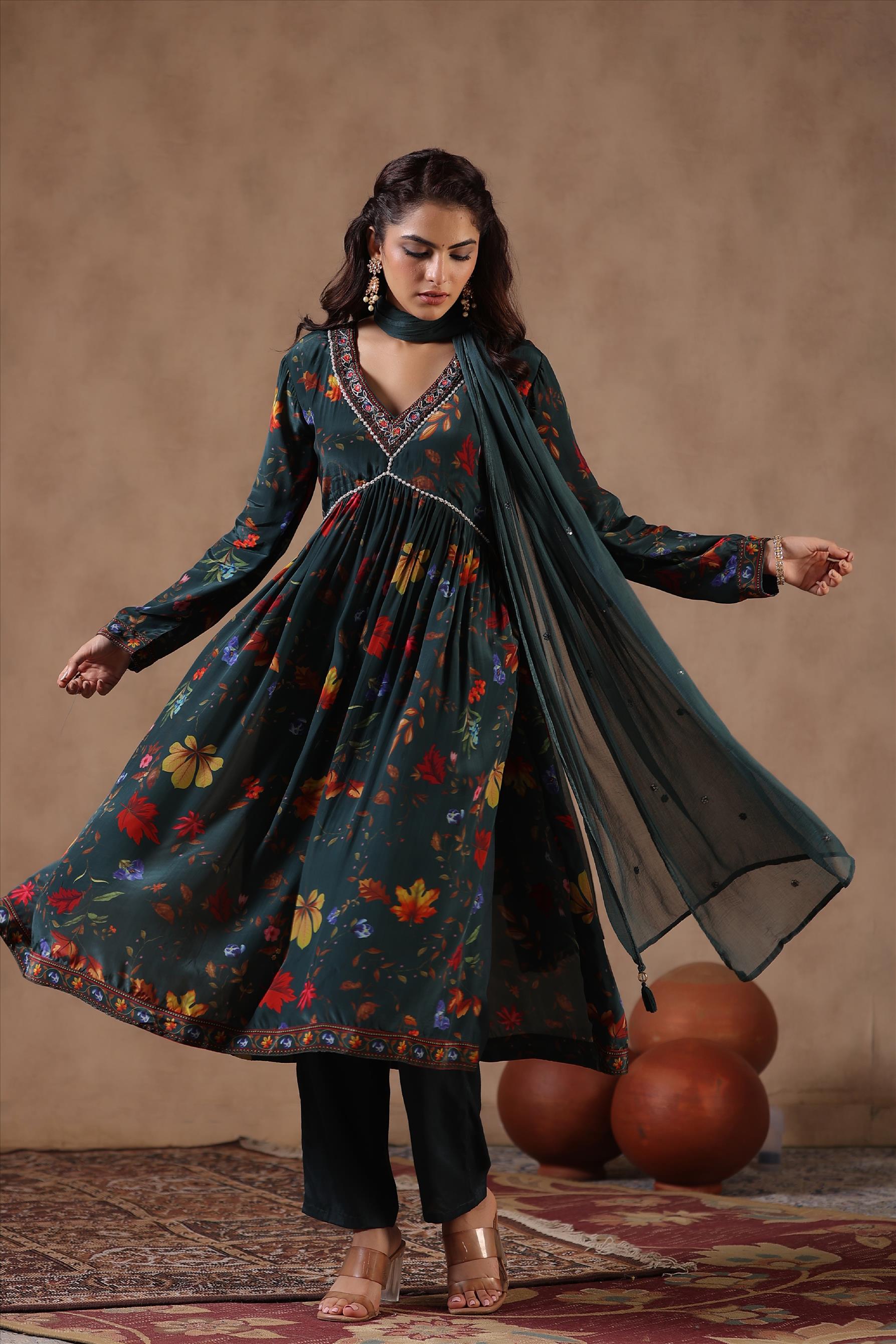 Teal Crepe Silk Floral Print Embellished Suit Set