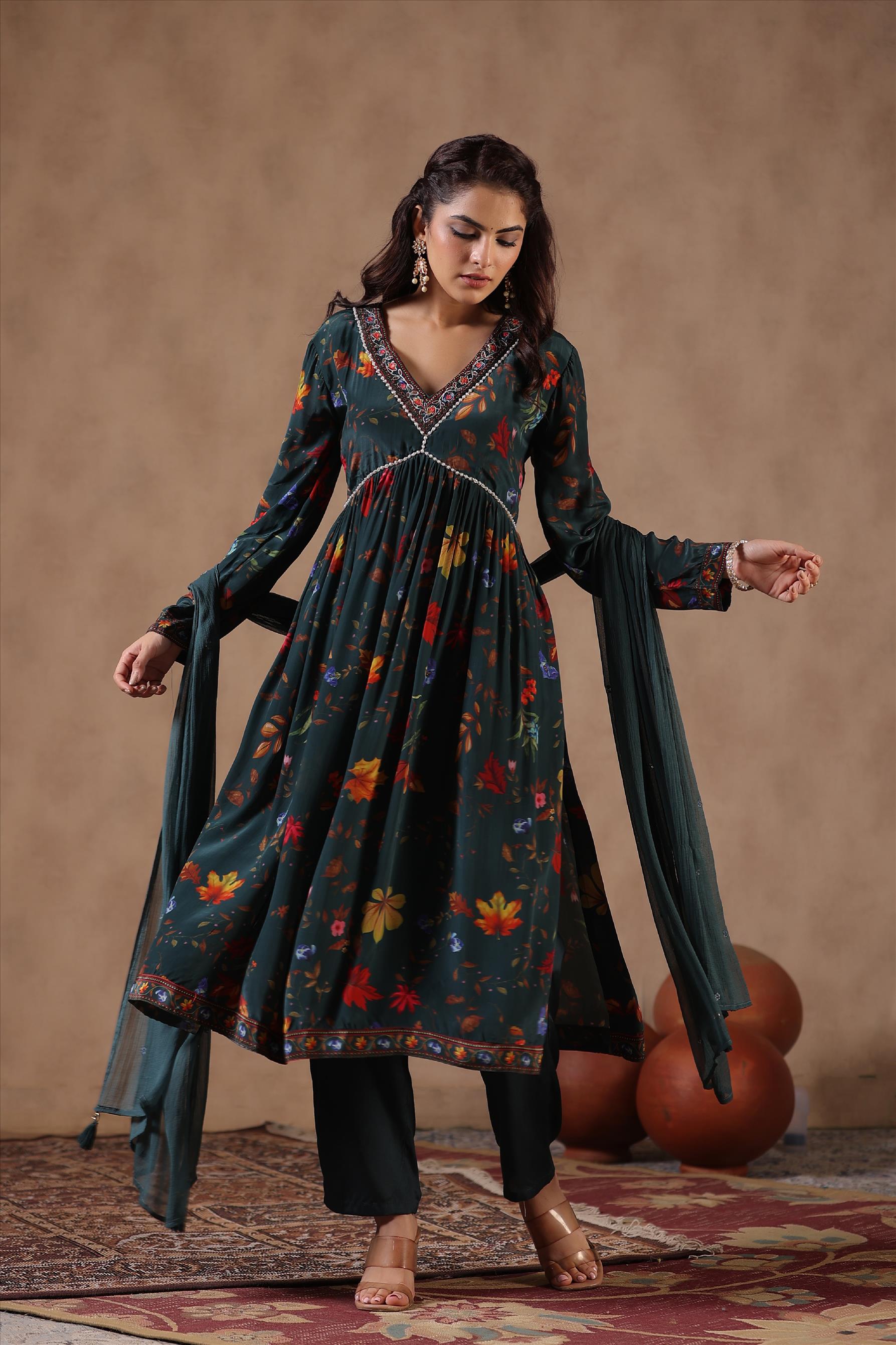 Teal Crepe Silk Floral Print Embellished Suit Set