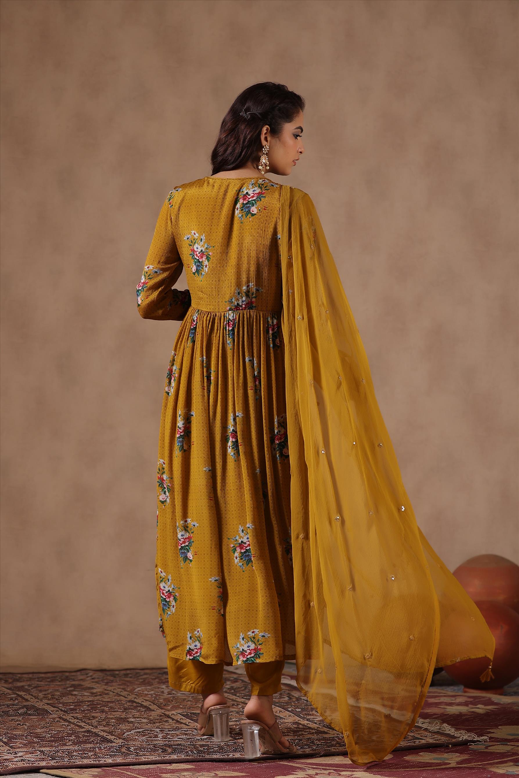 Mustard Chinon Silk Floral Print Embellished Suit-Set