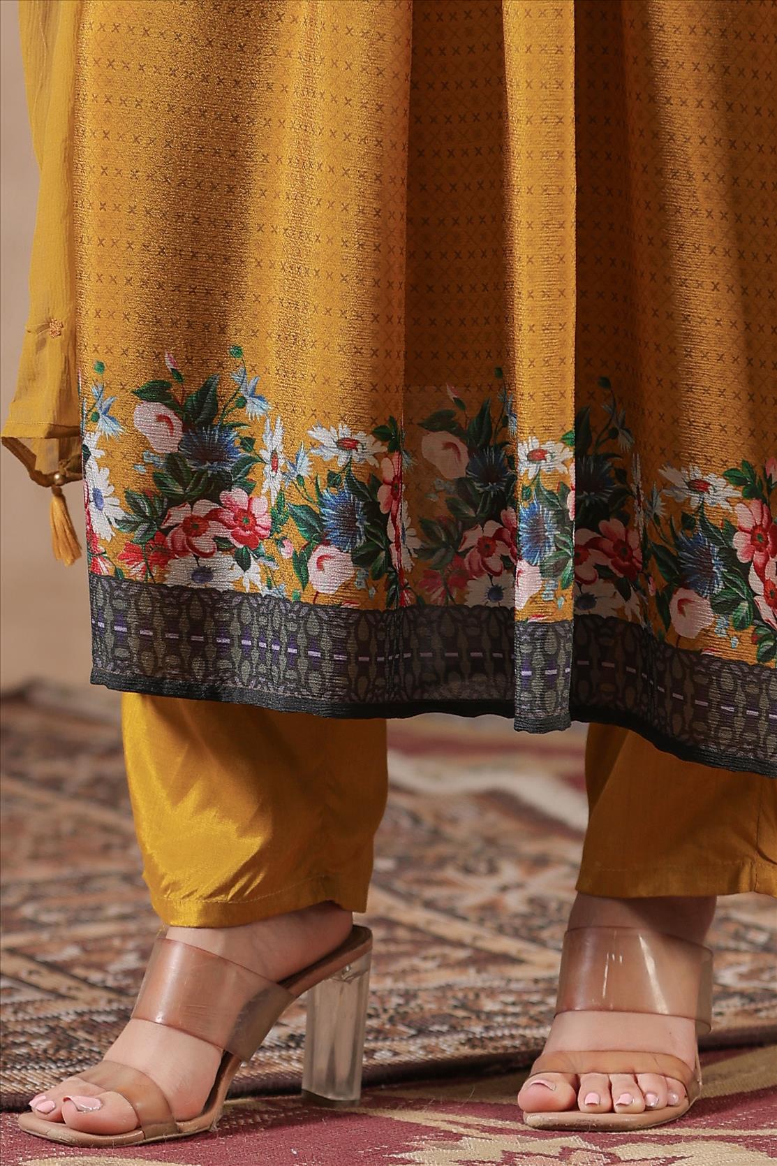 Mustard Chinon Silk Floral Print Embellished Suit Set