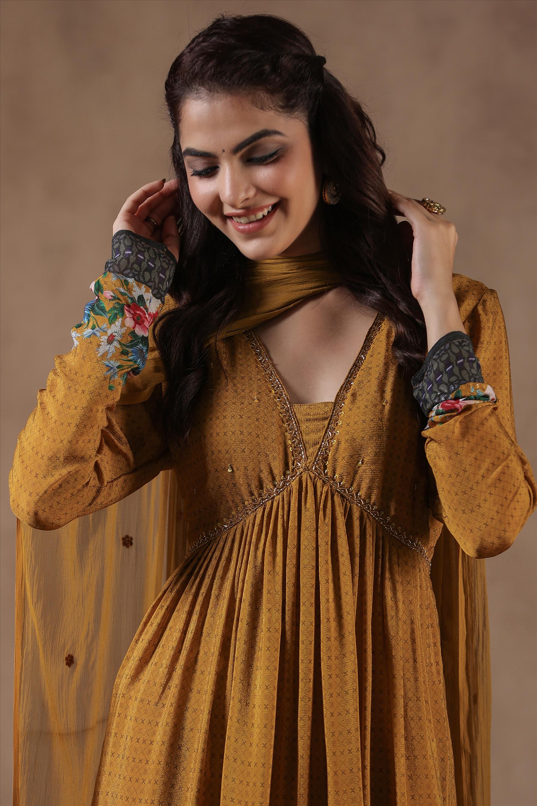 Mustard Chinon Silk Floral Print Embellished Suit Set