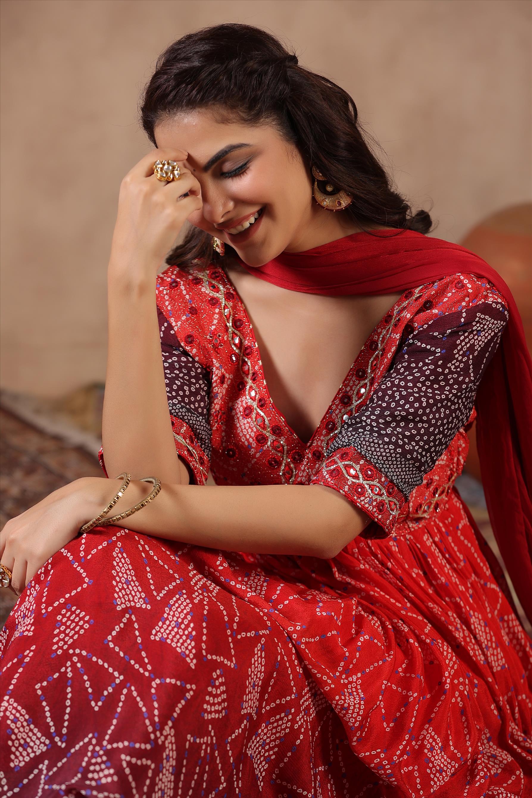 Red Chinon Silk Bandhani Print Embellished Anarkali Set