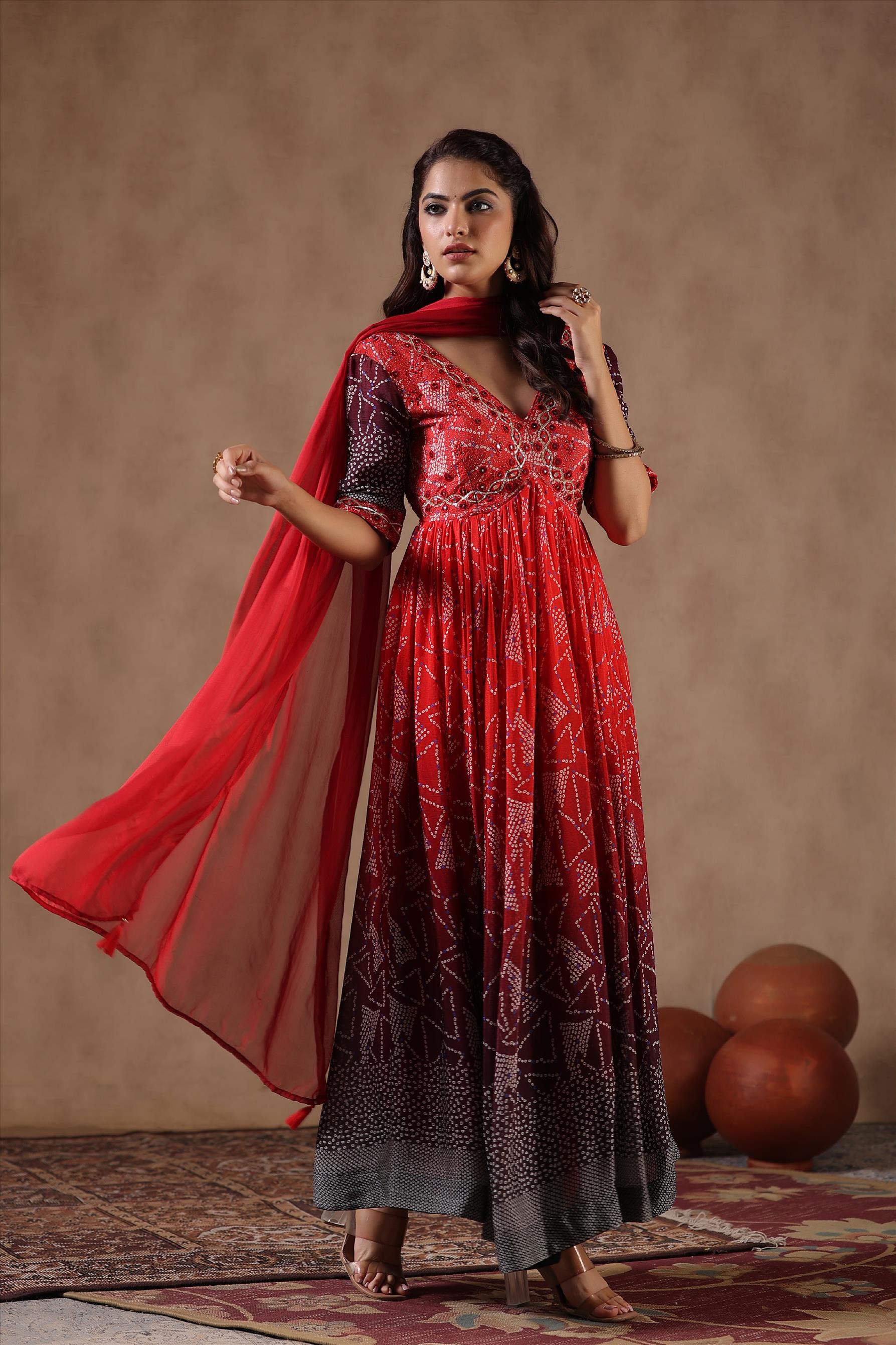 Red Chinon Silk Bandhani Print Embellished Anarkali Set
