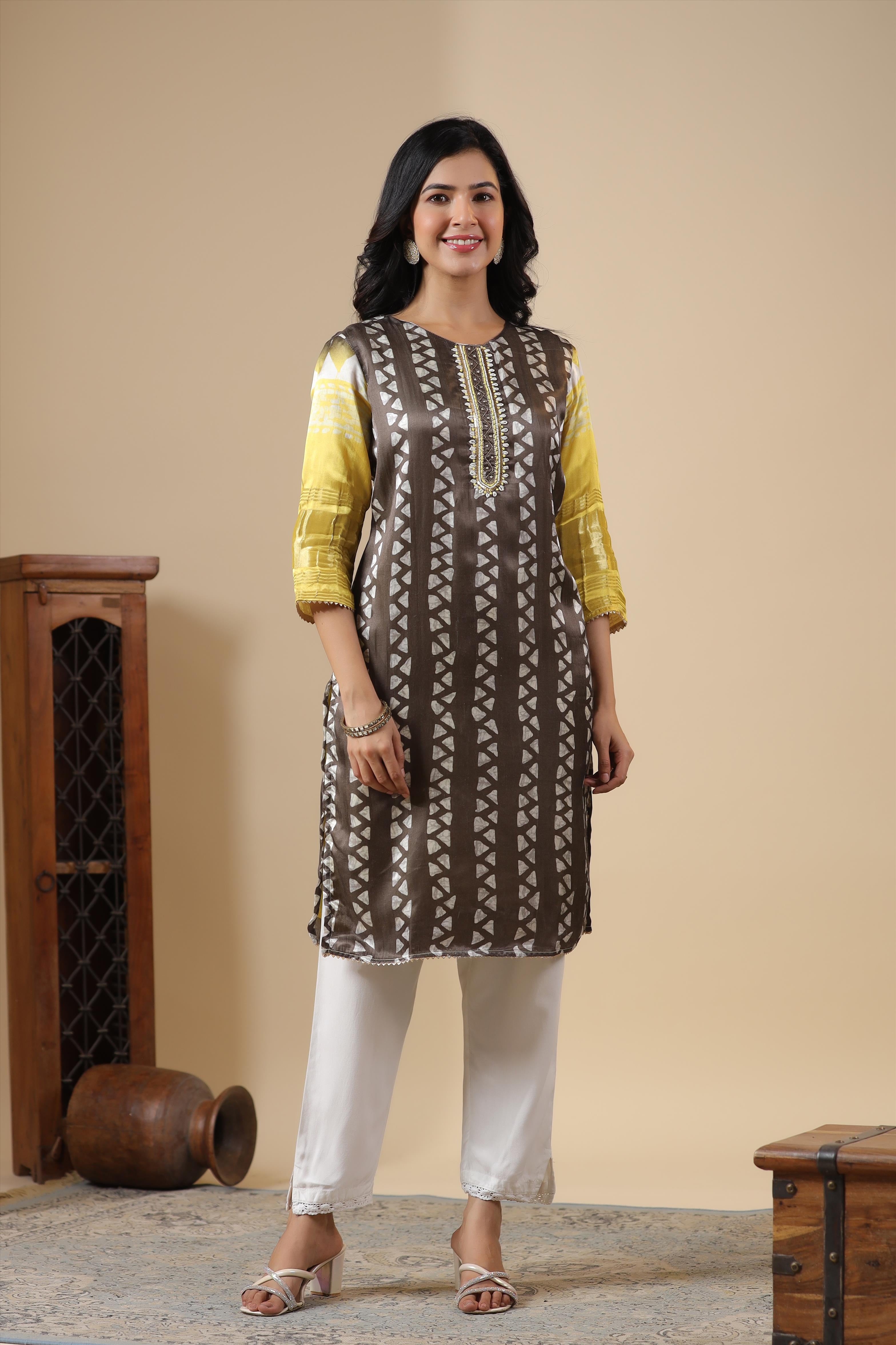 Brown-Yellow Gaji Silk Printed Kurta