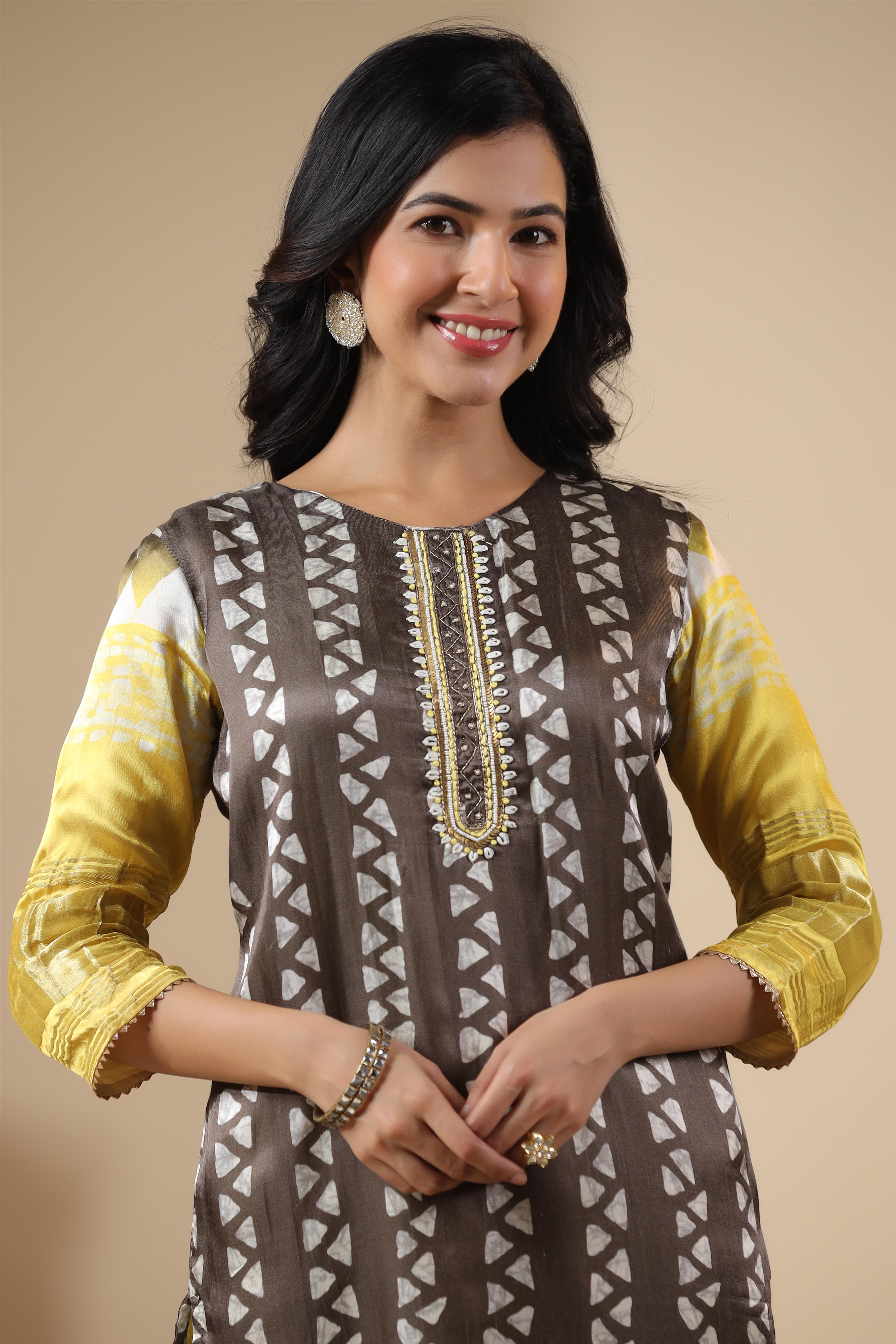 Brown-Yellow Gaji Silk Printed Kurta