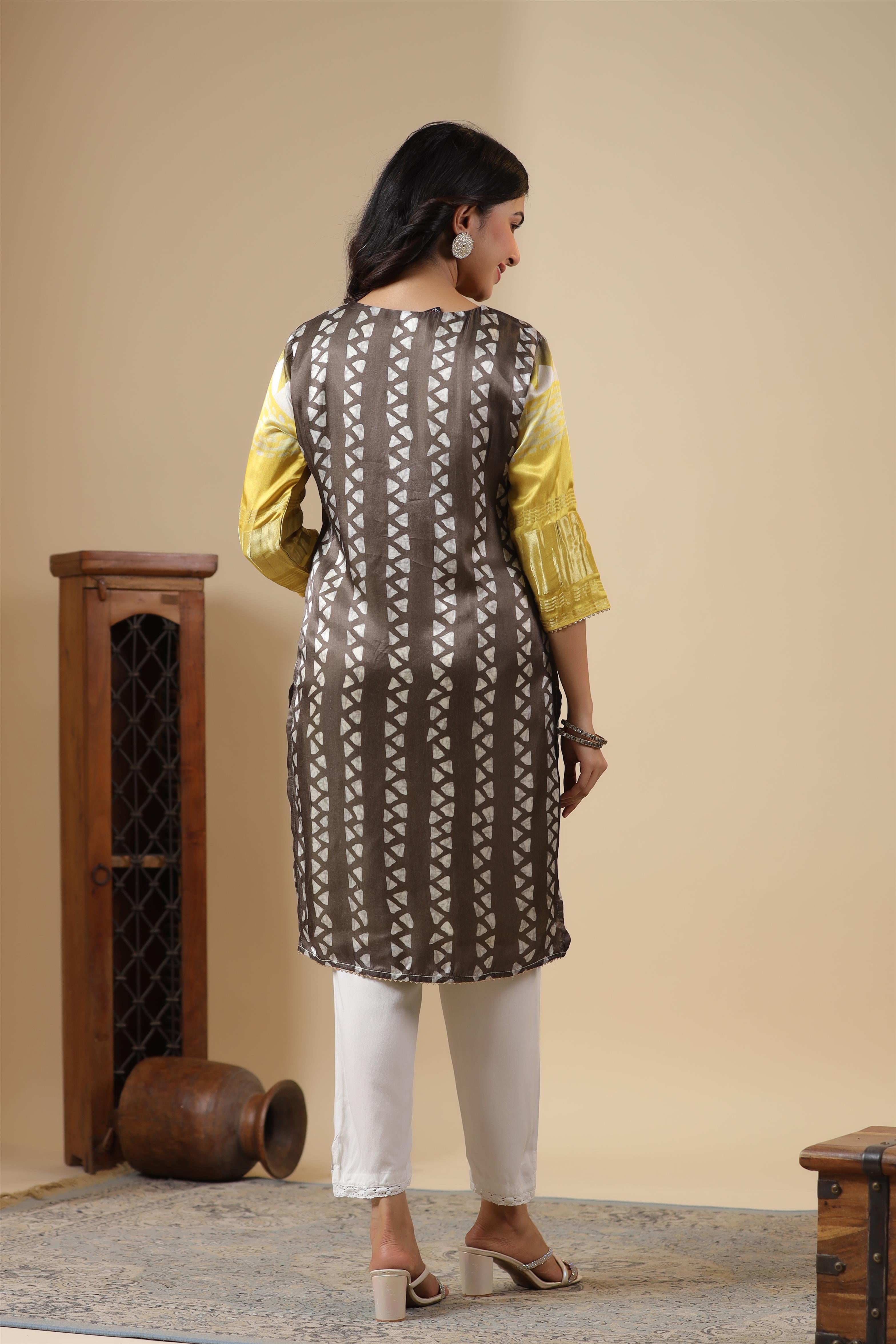 Brown-Yellow Gaji Silk Printed Kurta