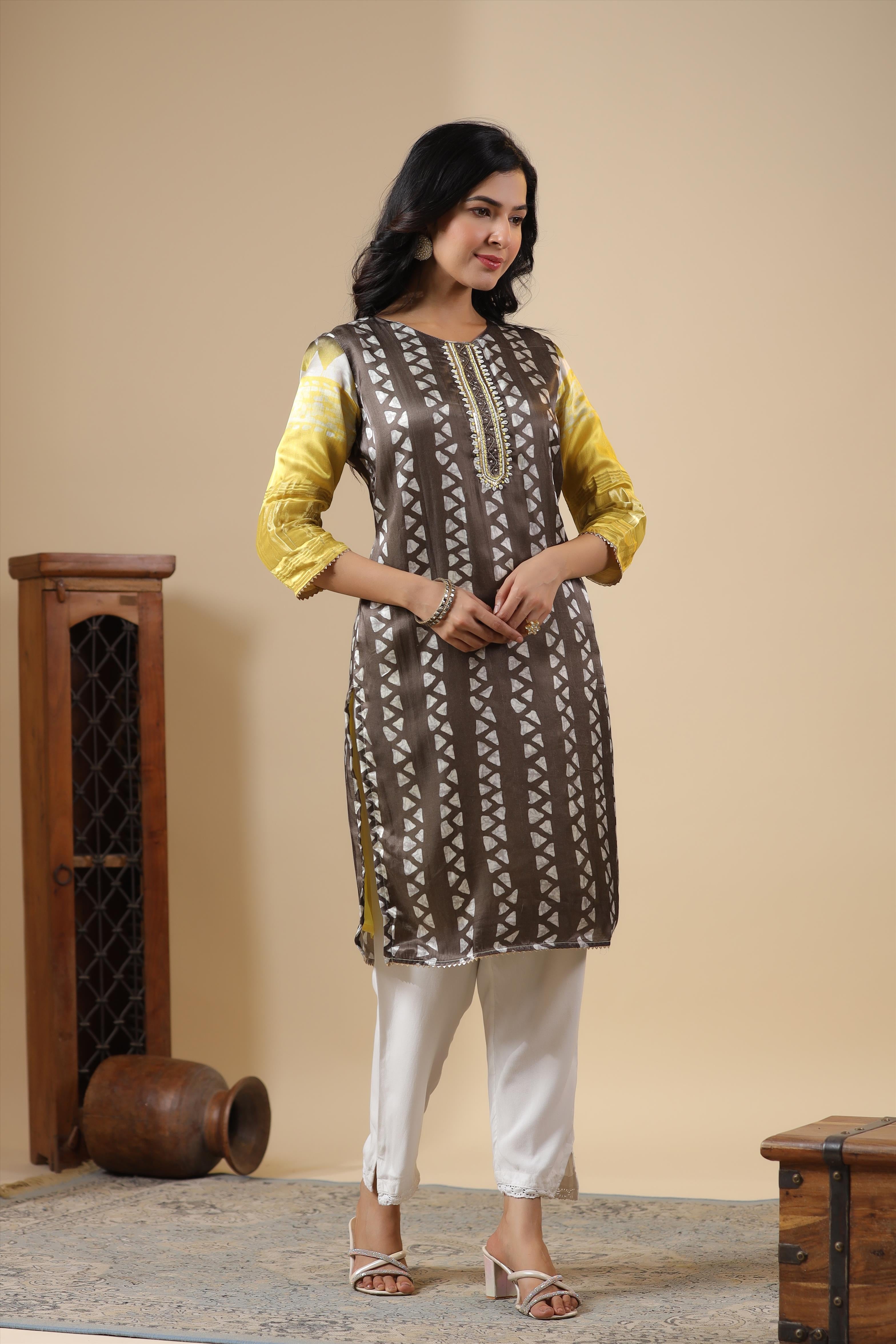 Brown-Yellow Gaji Silk Printed Kurta