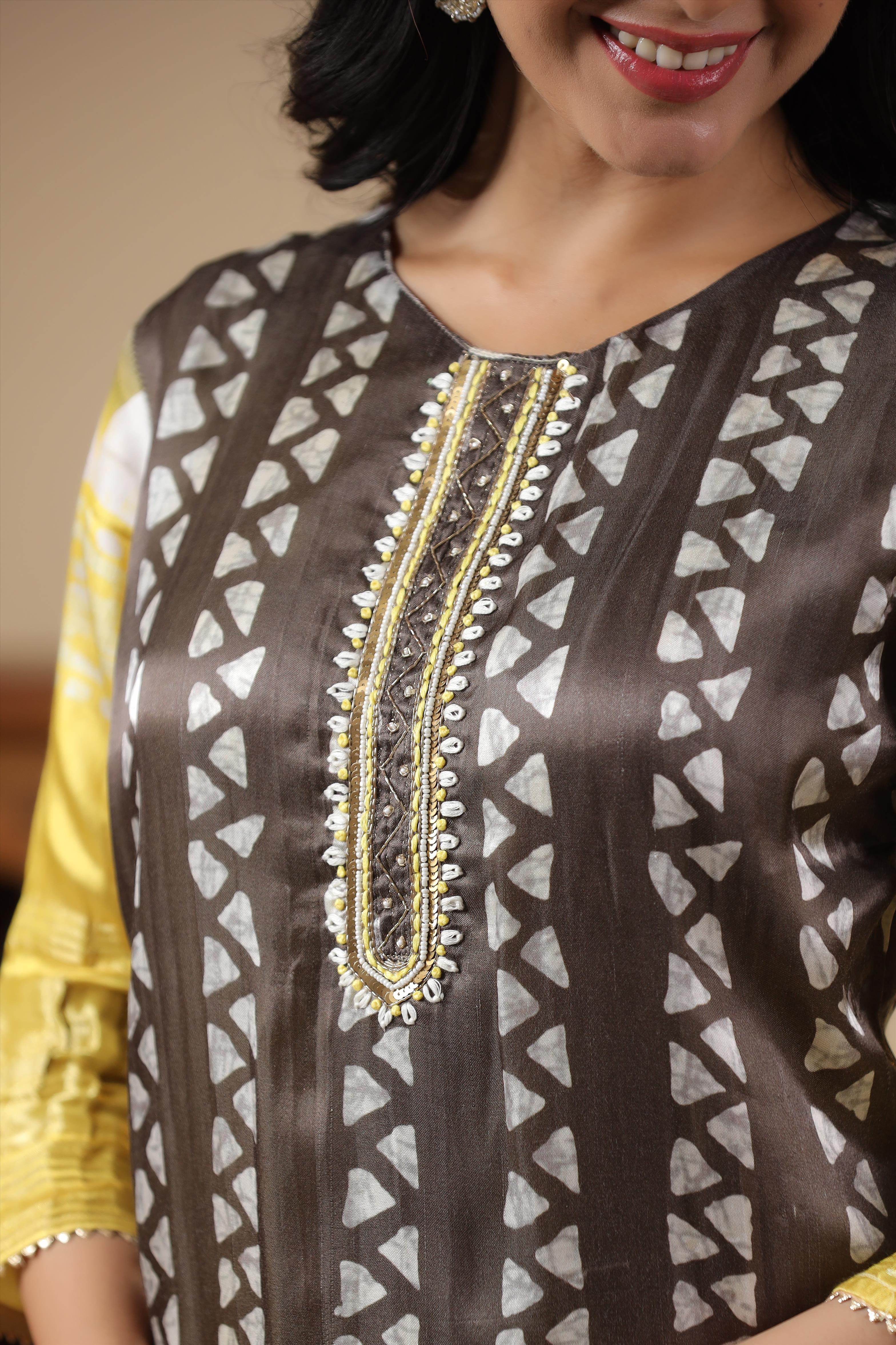 Brown-Yellow Gaji Silk Printed Kurta