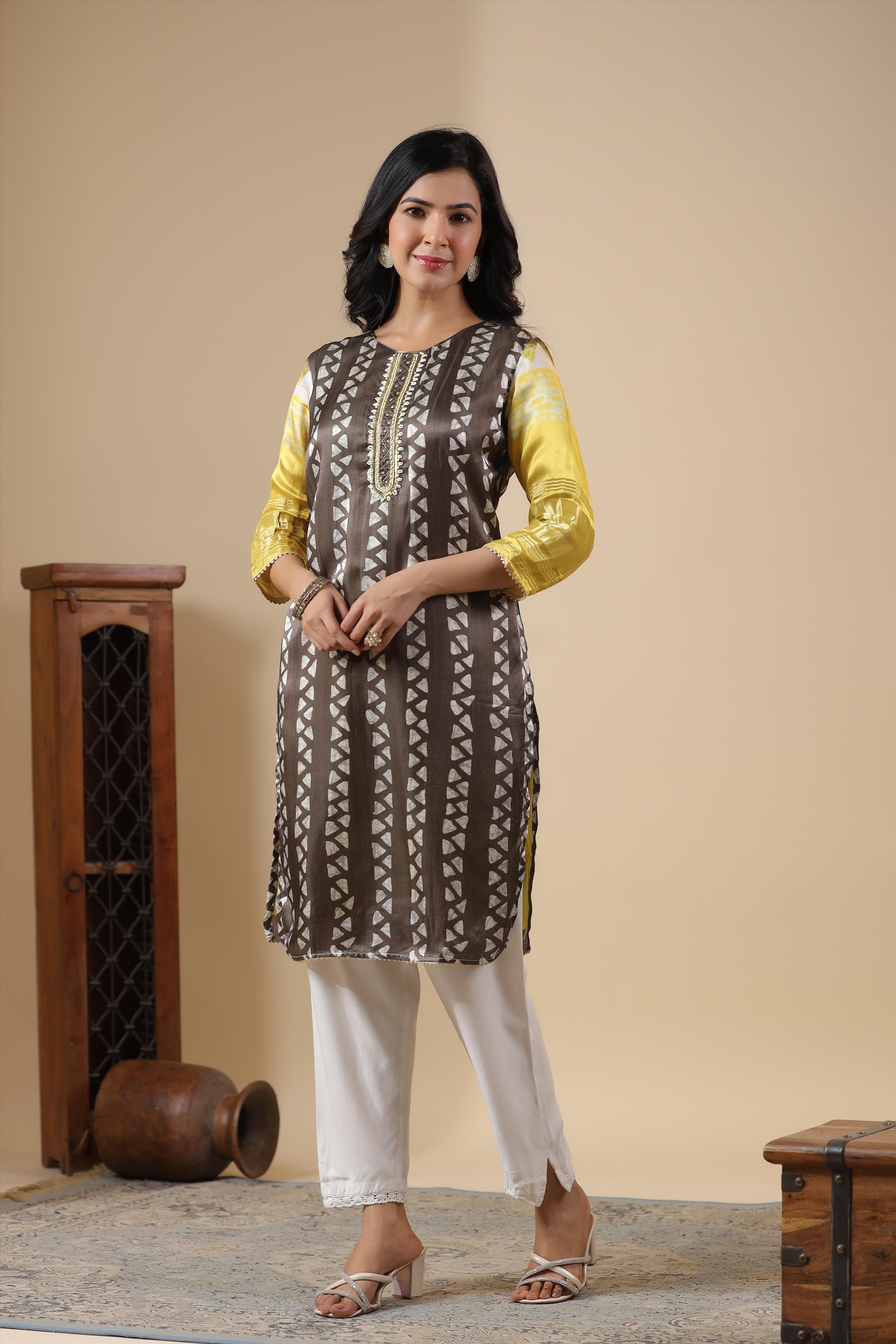 Brown-Yellow Gaji Silk Printed Kurta