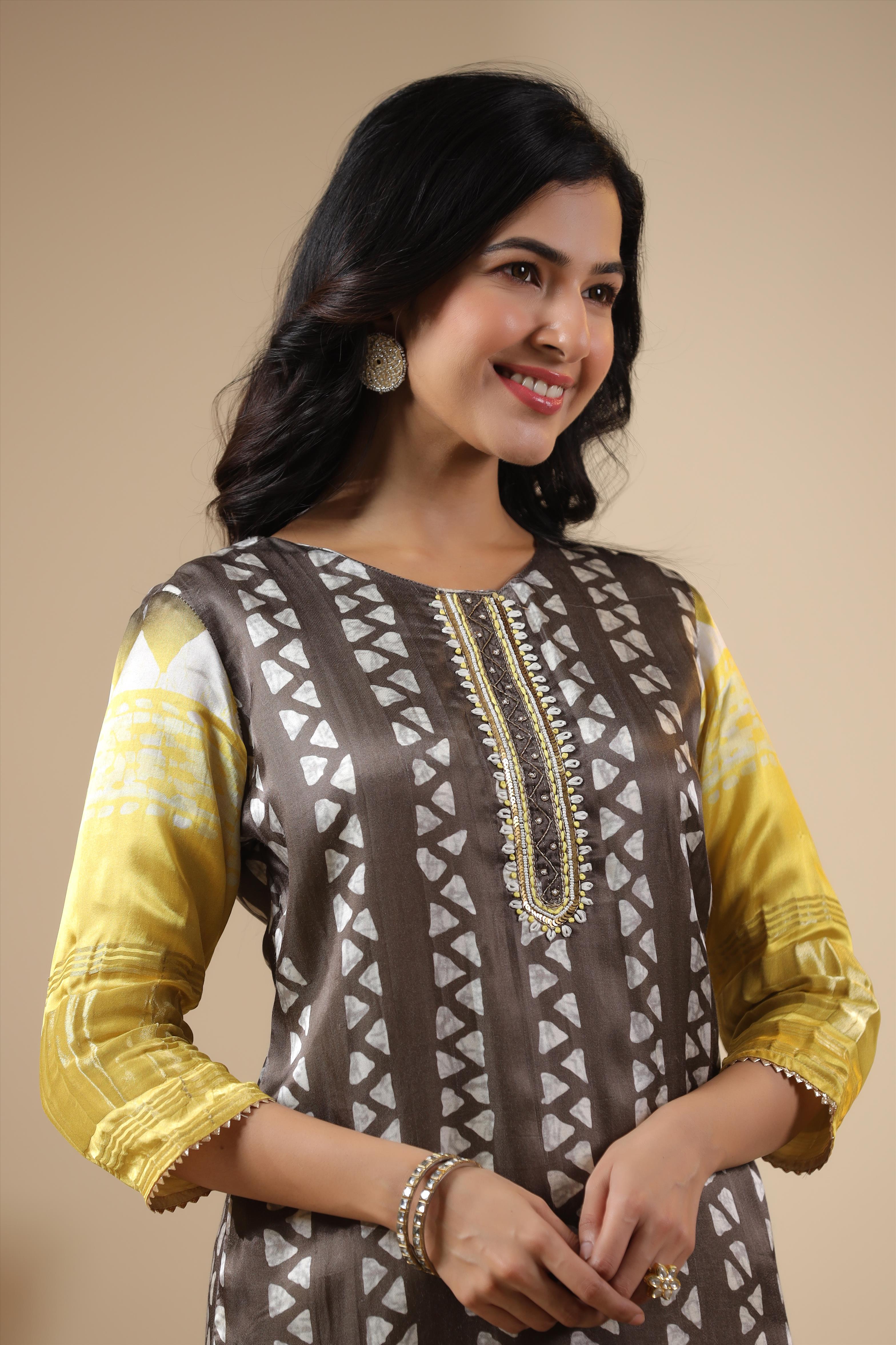 Brown-Yellow Gaji Silk Printed Kurta