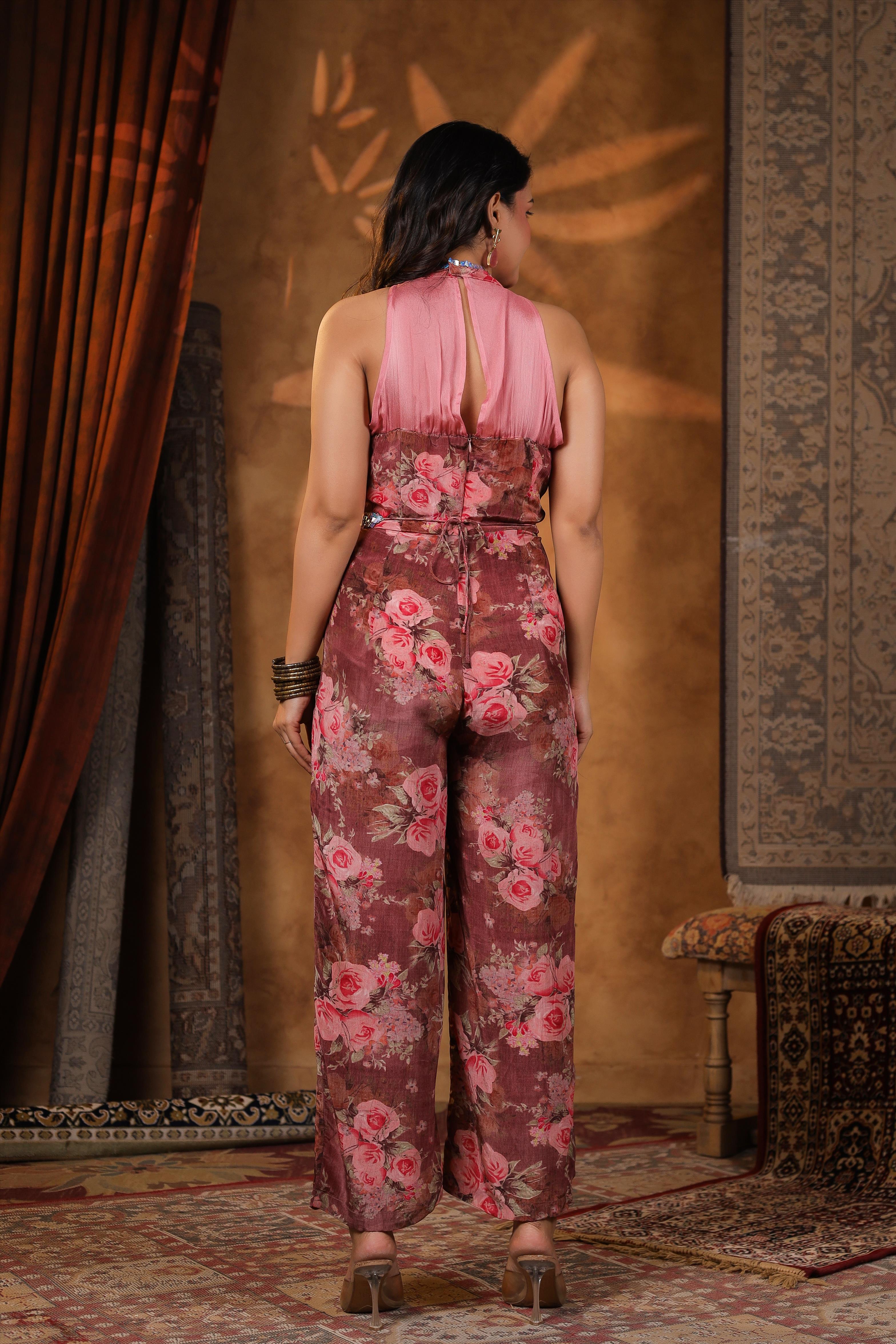 Mauve Crepe Silk Floral-Print Jumpsuit with Embellished Belt