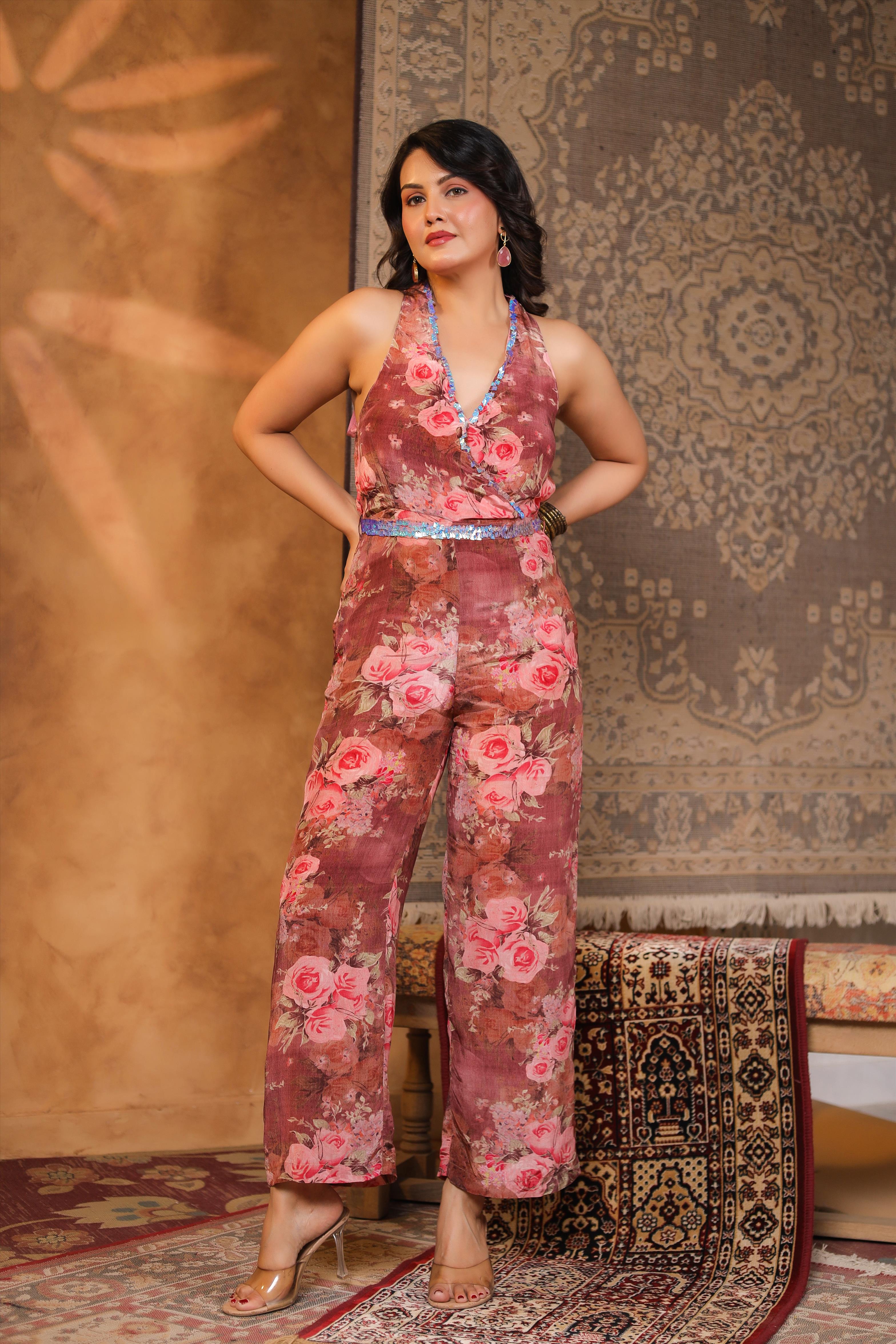 Mauve Crepe Silk Floral-Print Jumpsuit with Embellished Belt