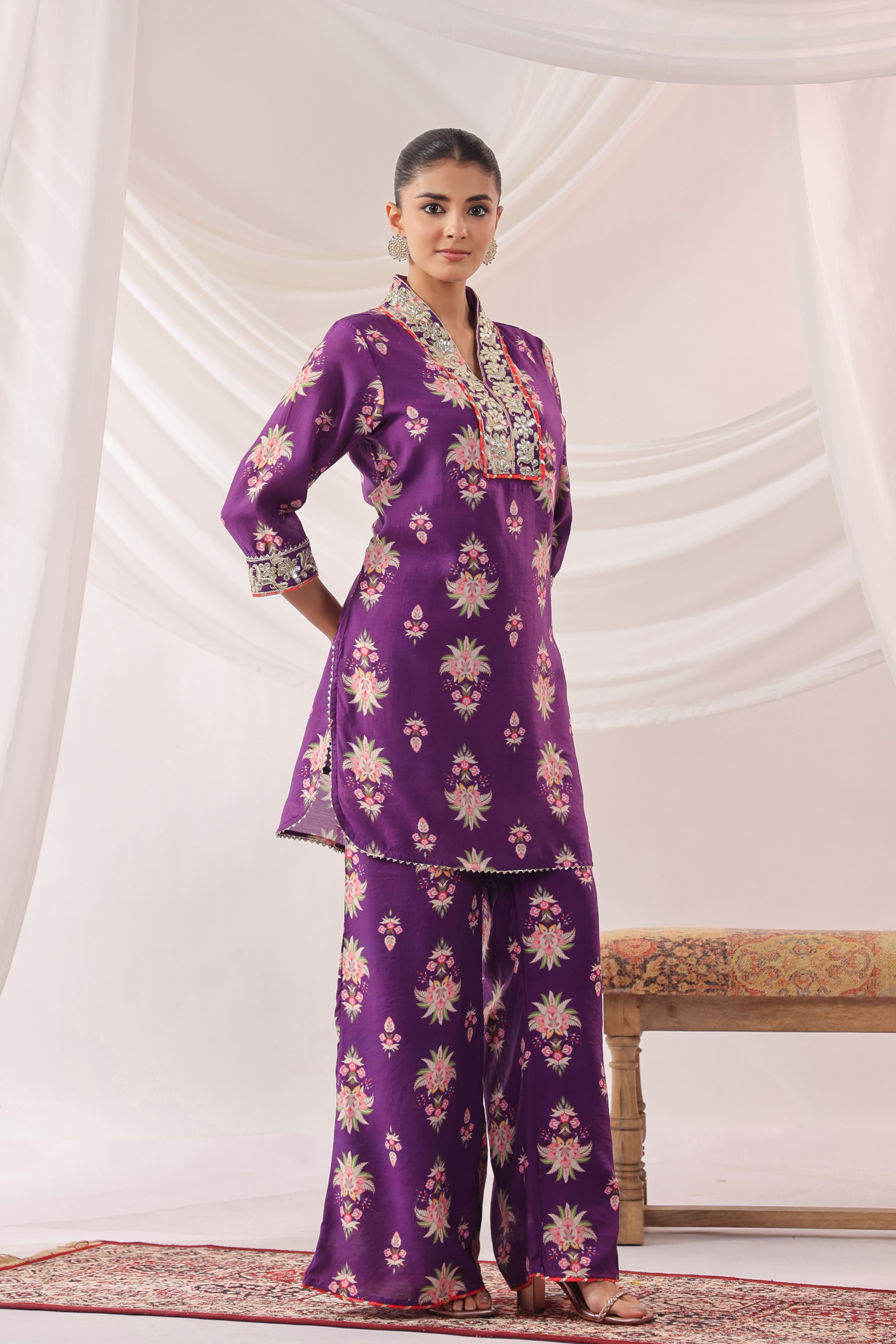 Purple Chanderi Silk Floral Printed Co-ord Set