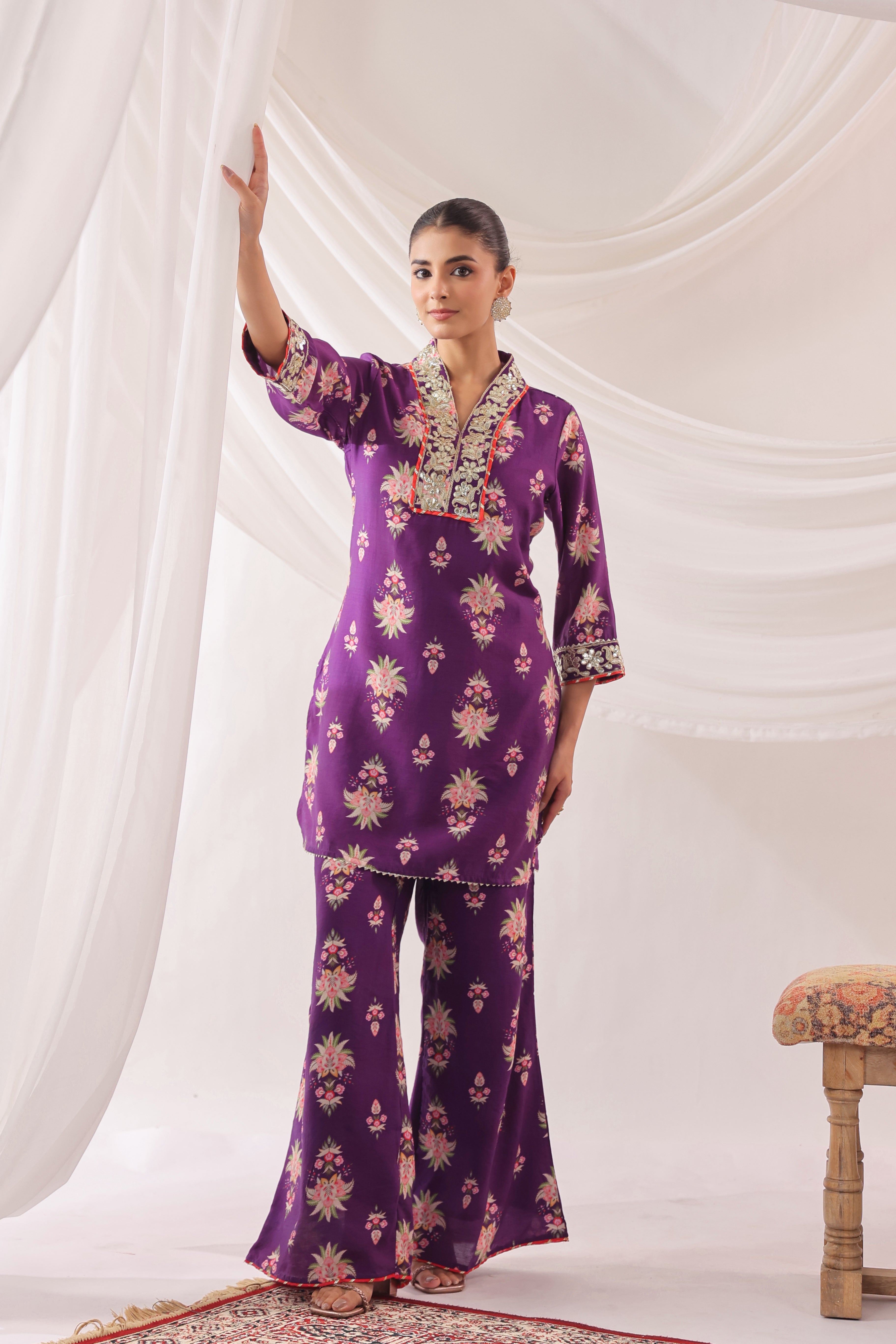 Purple Chanderi Silk Floral Printed Co-ord Set