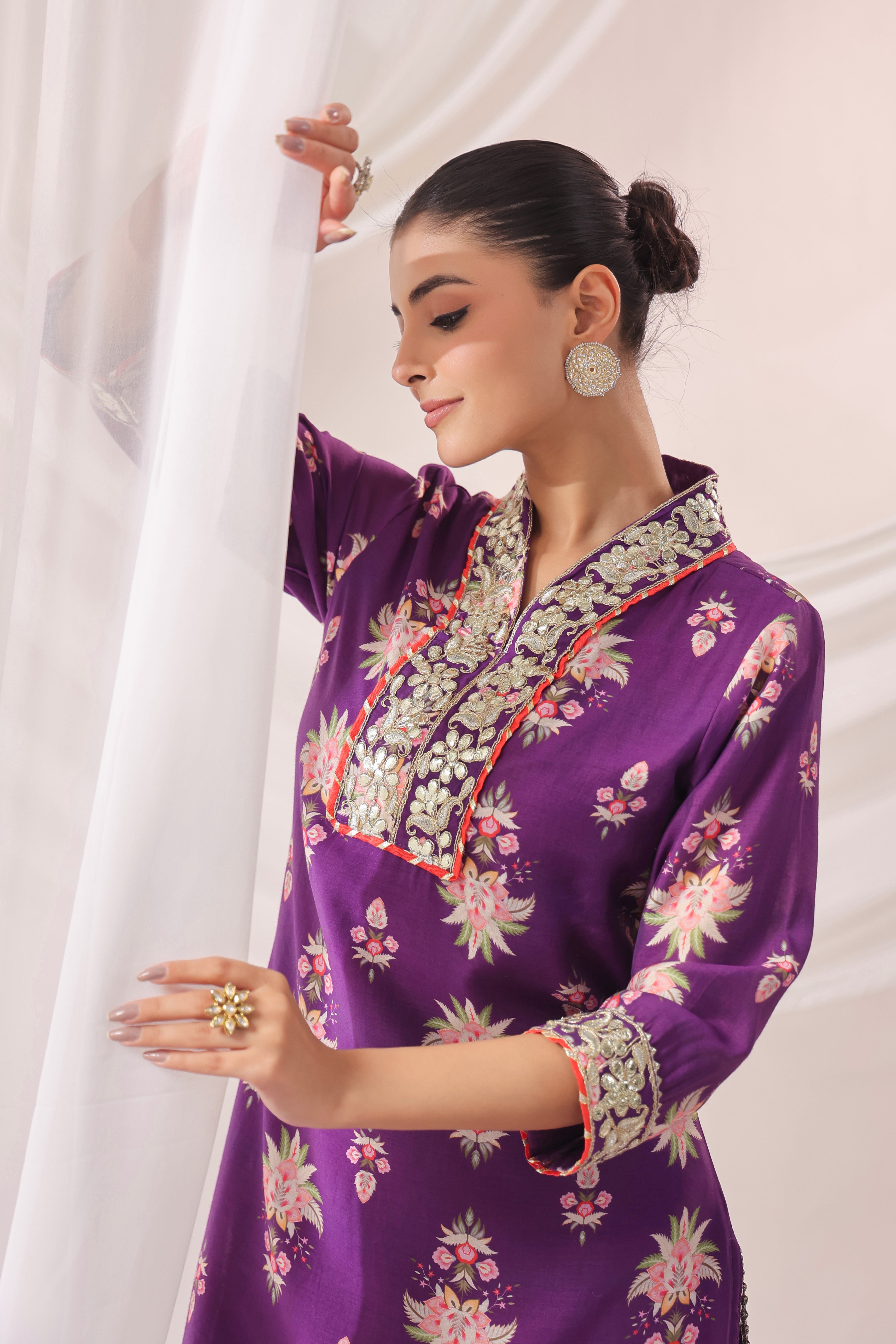 Purple Chanderi Silk Floral Printed Co-ord Set