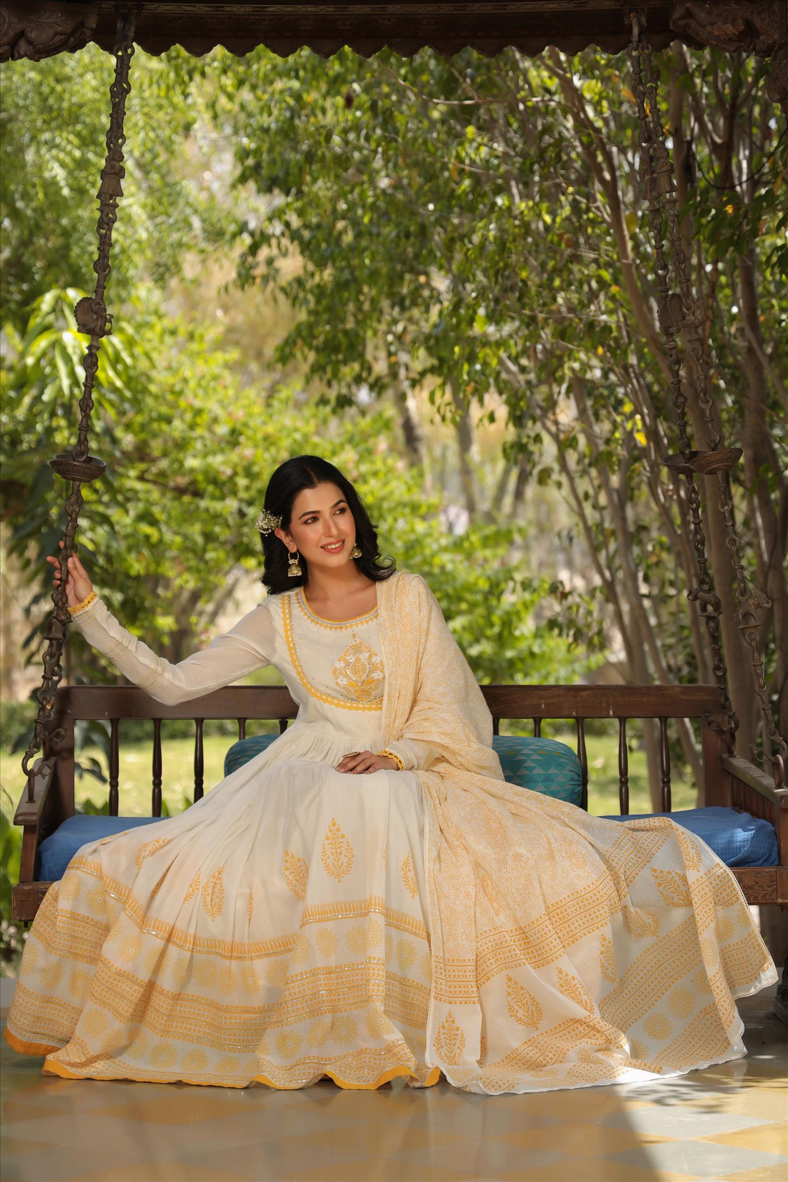 Yellow Mul Cotton Yoke Embroidered Printed Gota Angrakha Anarkali With Mul Cotton Printed Dupatta
