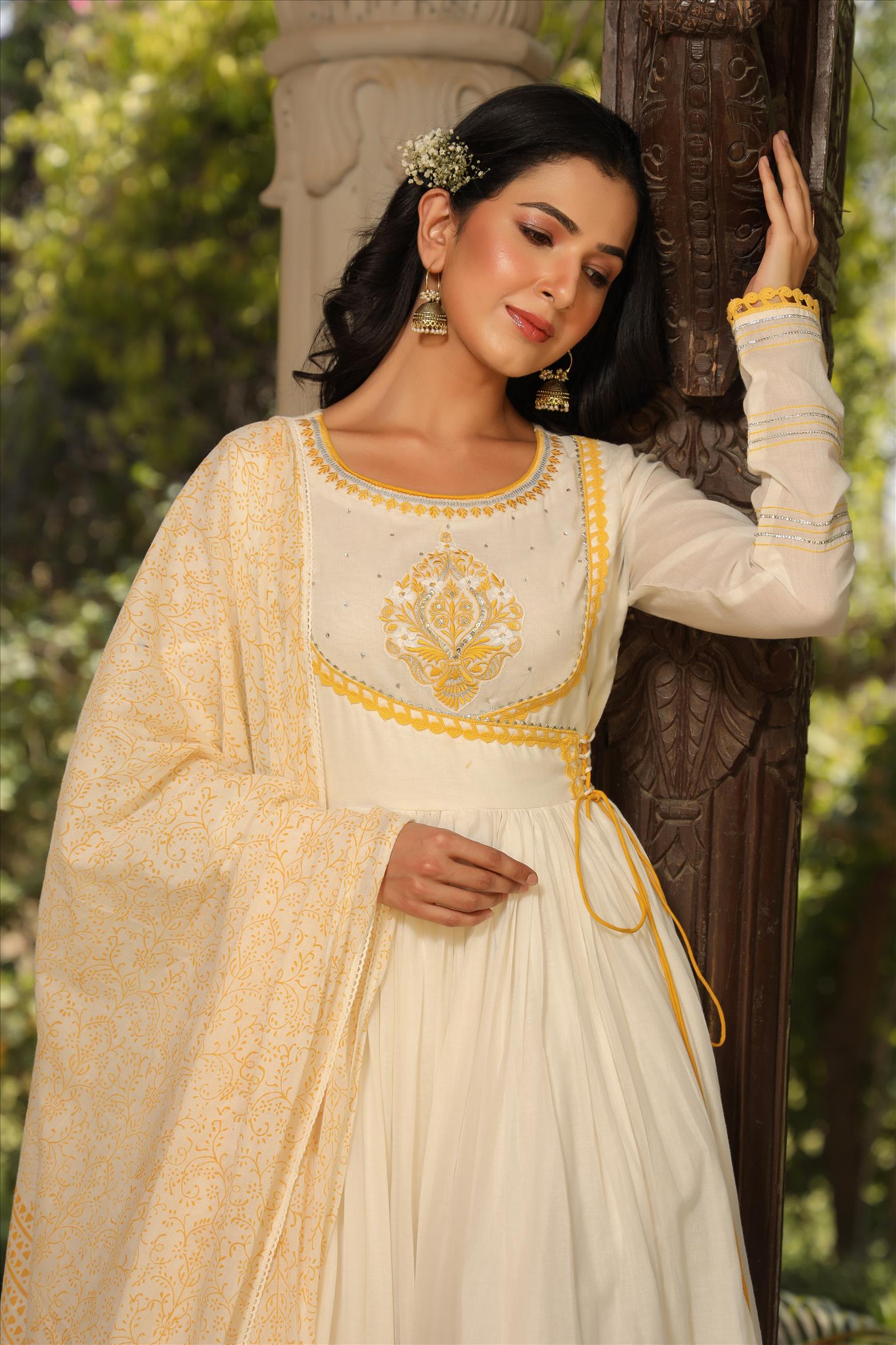 Yellow Mul Cotton Yoke Embroidered Printed Gota Angrakha Anarkali With Mul Cotton Printed Dupatta